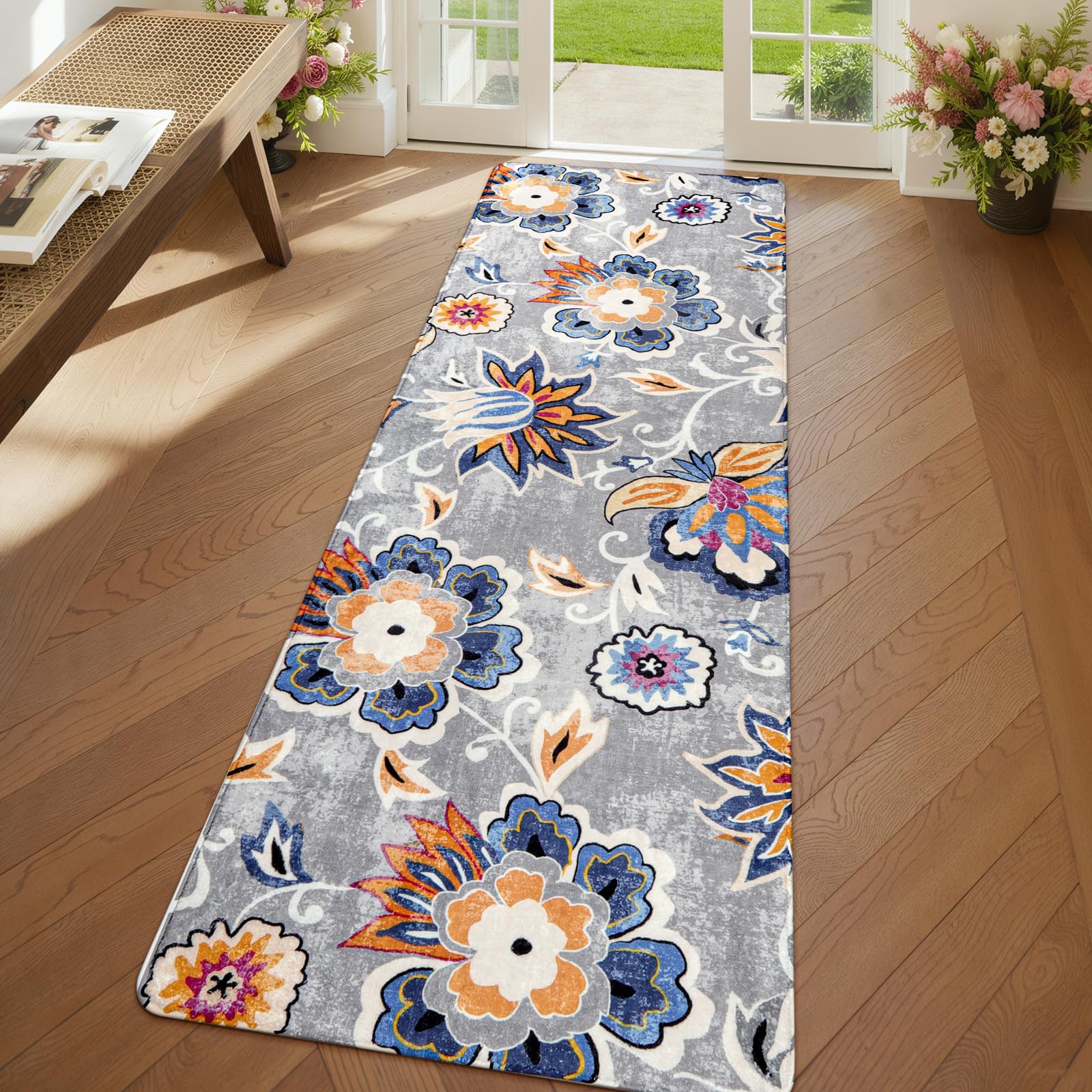 Lahome Floral Hallway Runner - 2x6 Washable Non-Slip Kitchen Runner Rug, Throw Lightweight Soft Bathroom Runner Rug Grey Paisley Print Indoor Carpet
