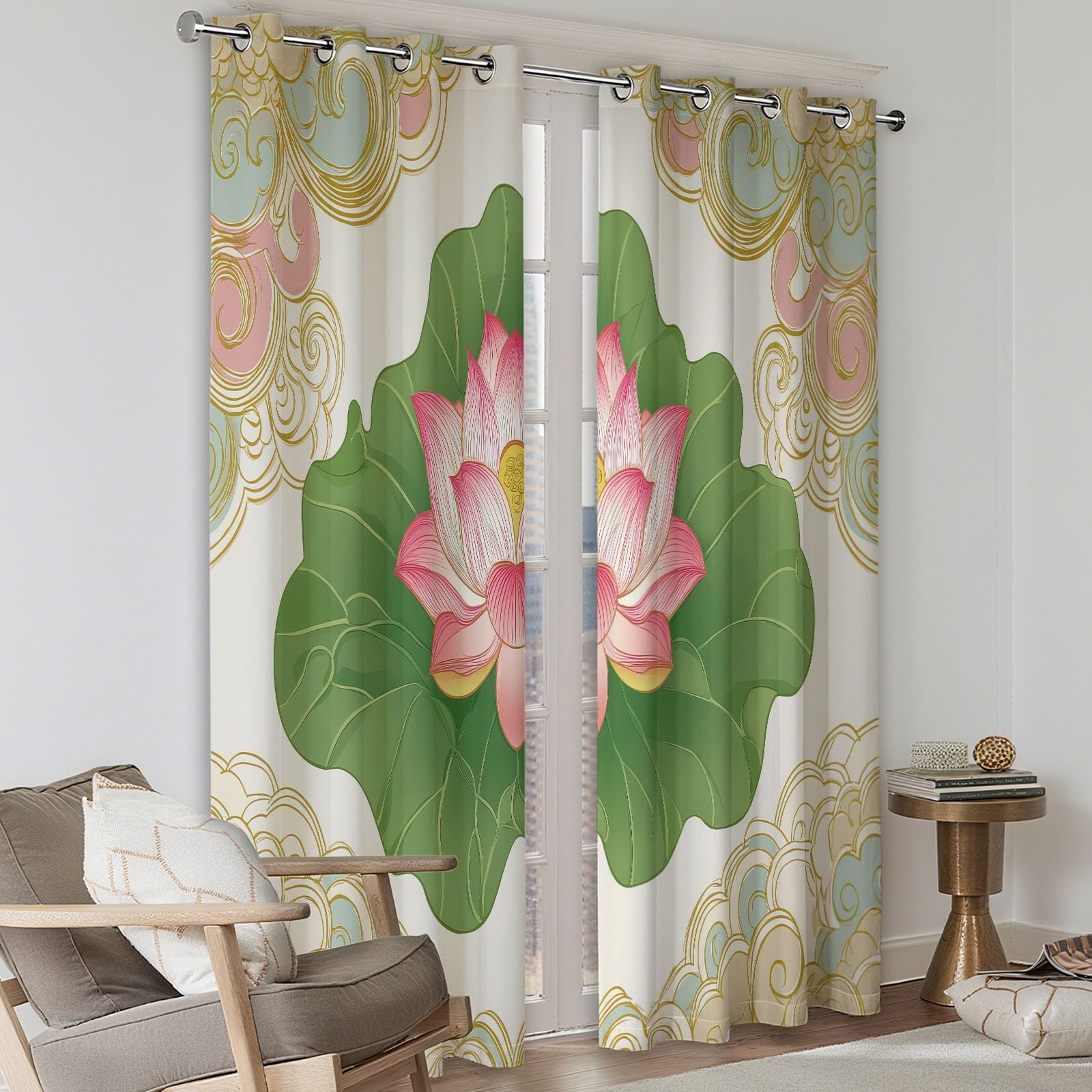 Jaune Rideaux Occultants Thermiques 183 x 214 cm Motifs Floraux Motifs Nuages Bon Augure – Rideaux Isolants Anti-Froid & Anti-Chaleur, Tissu Épais Haut de Gamme, Parfait pour Salon, Chambre ou Bureau