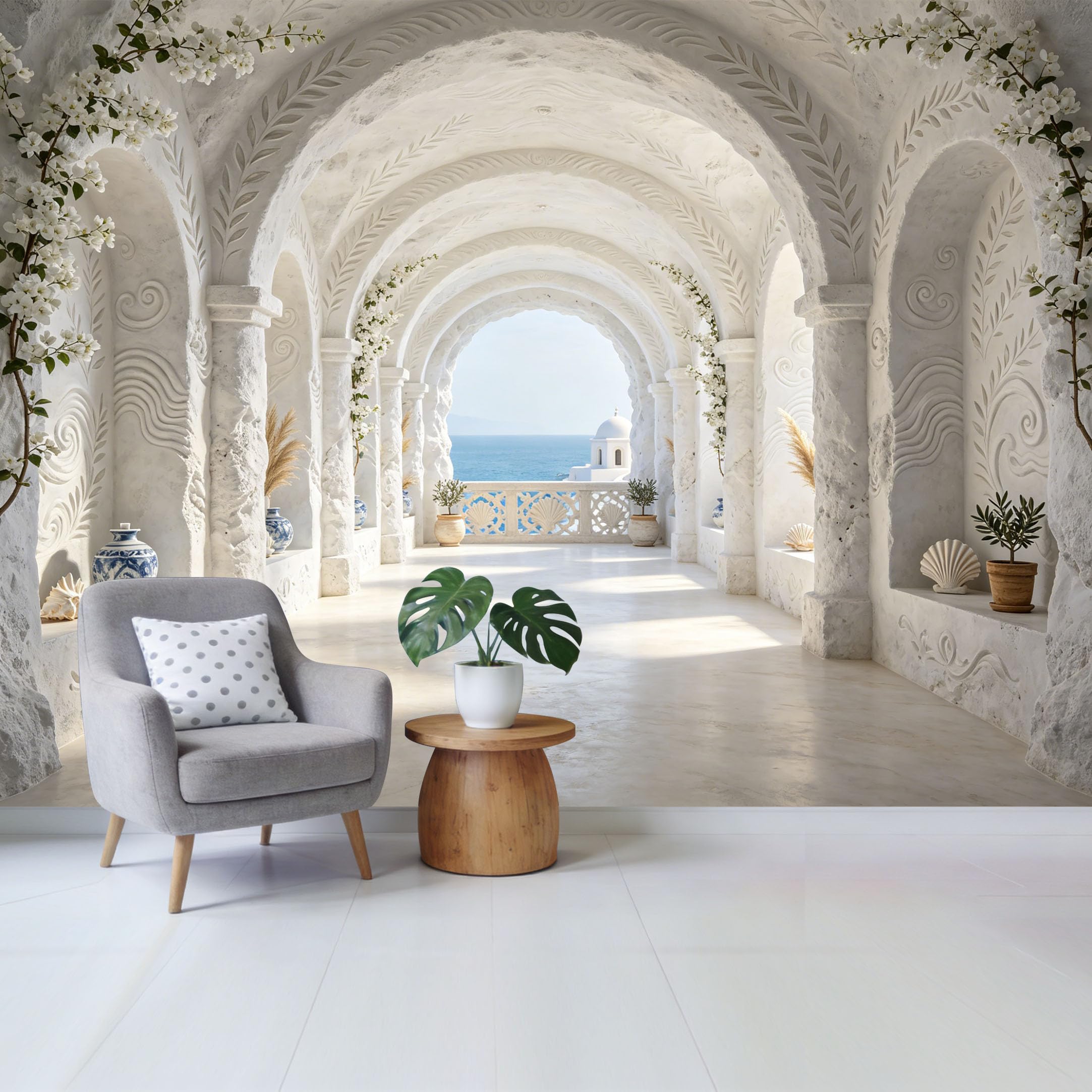 Removable Self Adhesive Fabric Mural， Mediterranean Coastal Archway Custom Size Wall Covering， UV Protected Waterproof Washable Wall Decor for Living Room Bedroom Bathroom