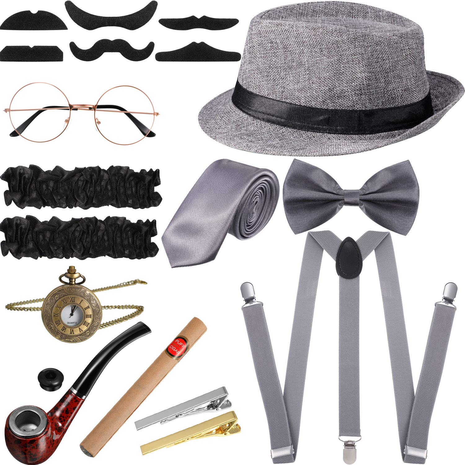 SATINIOR1920s Old Men Costume Roaring Retro Accessories Set Gangster Hat Bow Tie Pocket Watch Suspender Glass Beard Tie Clip