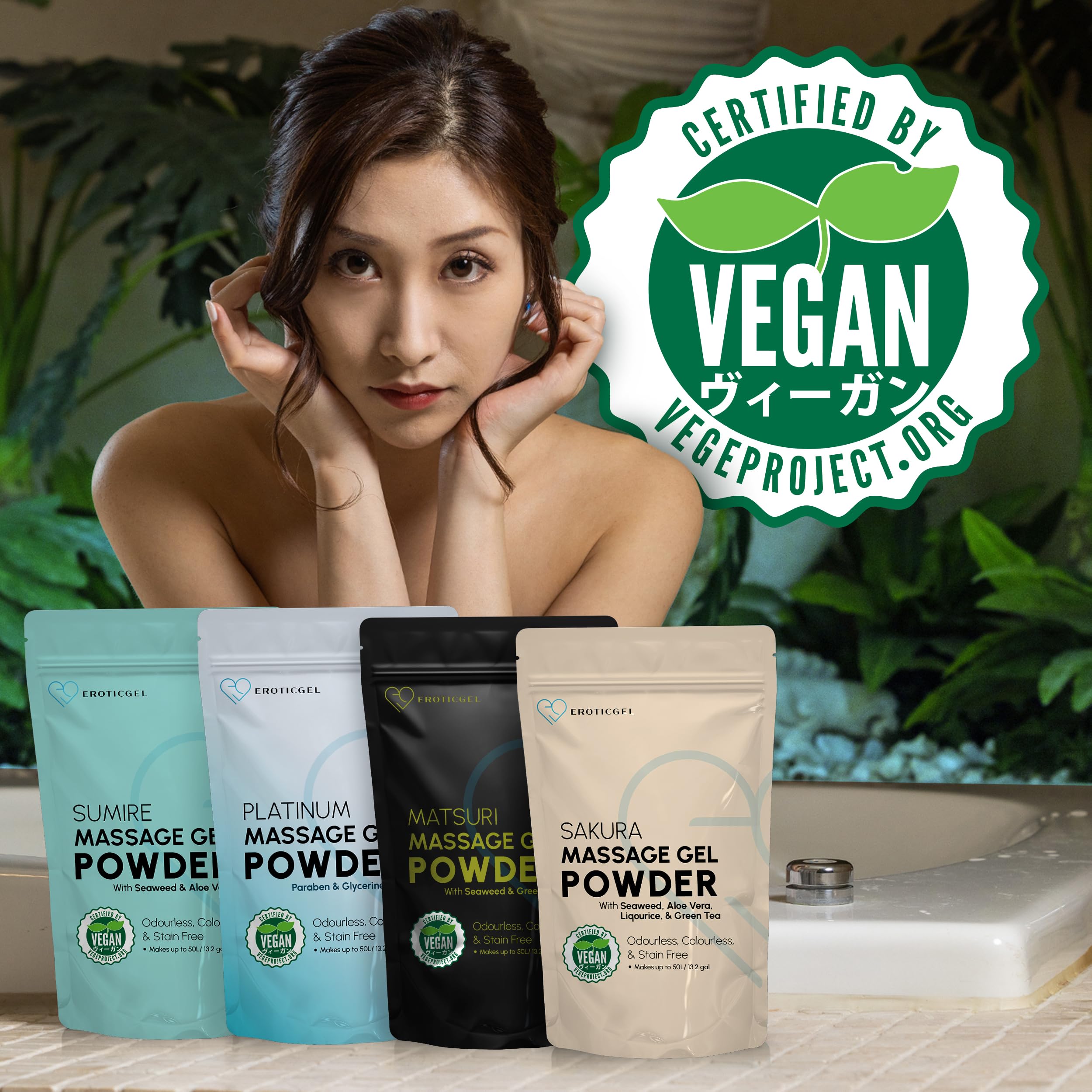 Polvere Gel da Massaggio Nuru Edizione Sakura 500g, Aloe Vera, Alga, Liquirizia e Te Verde, Uso Professionale, Stile Giapponese, Vegano, Senza Profumo, Base Acqua, Resa fino a 50 Litri