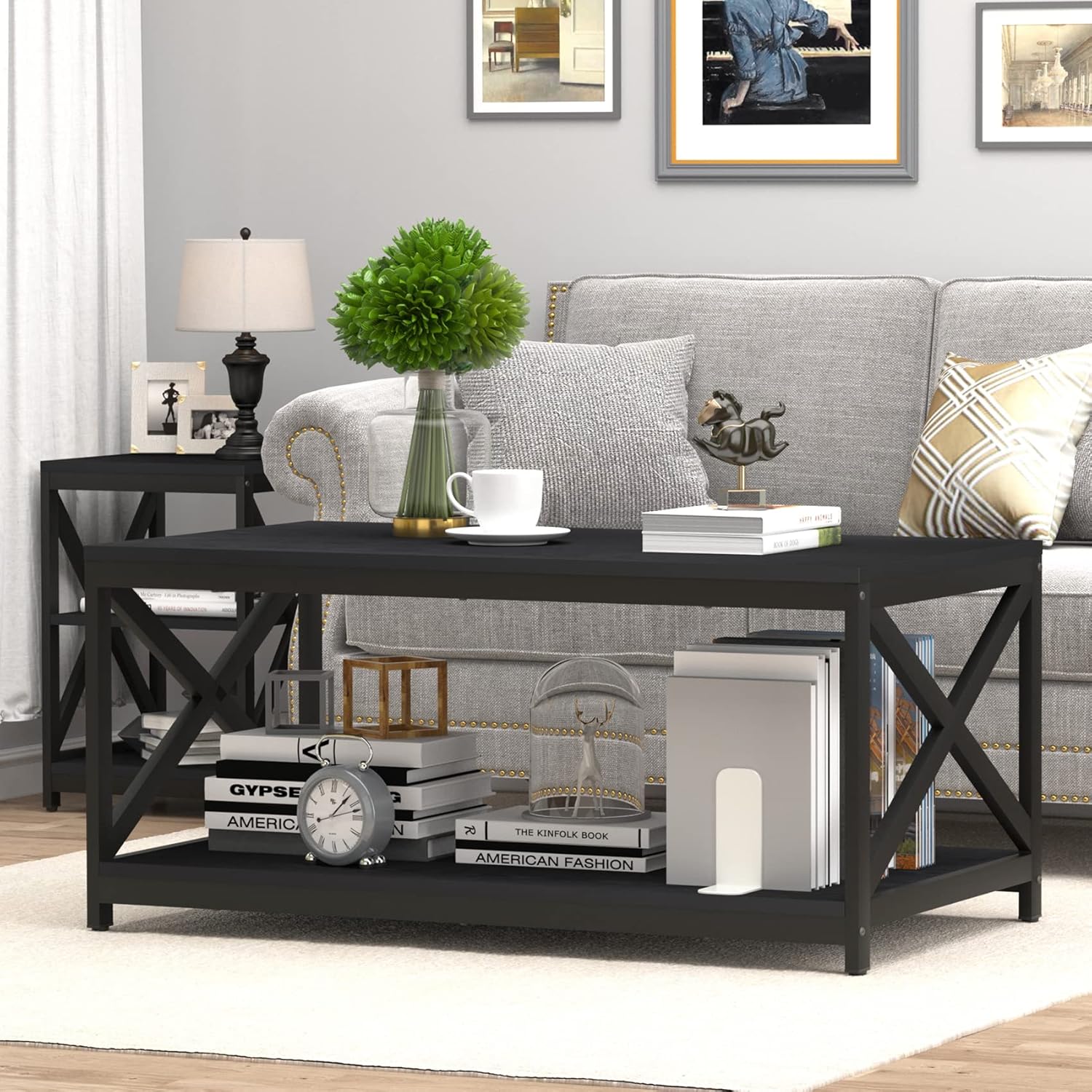 Black Modern 3-Piece Coffee Table and End Tables Set with Storage