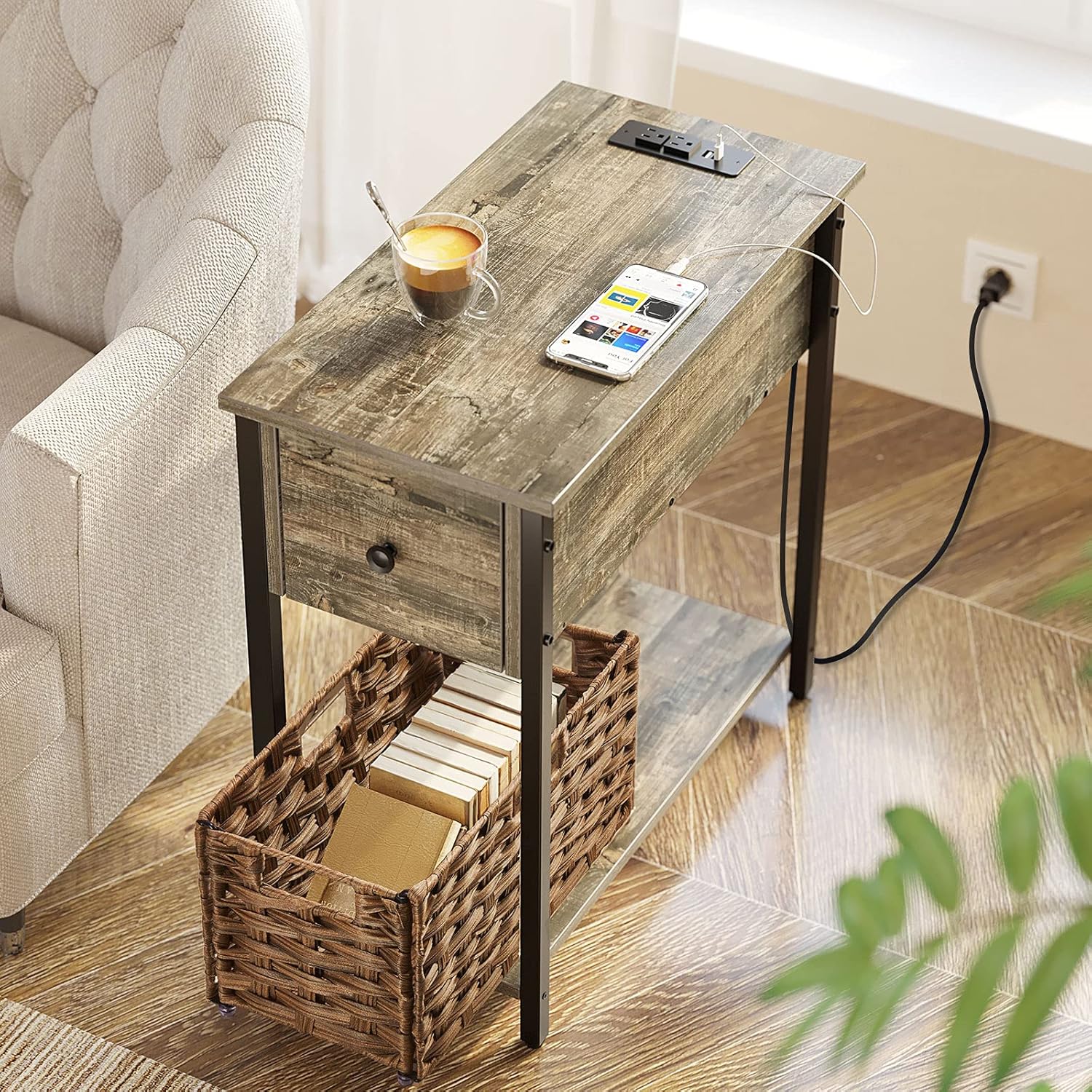 Rolanstar End Table with Charging Station & USB Ports, Narrow Side Table with Drawer and Rattan Basket for Living Room, Nightstand Sofa Table for Bedroom Grey : Home & Kitchen