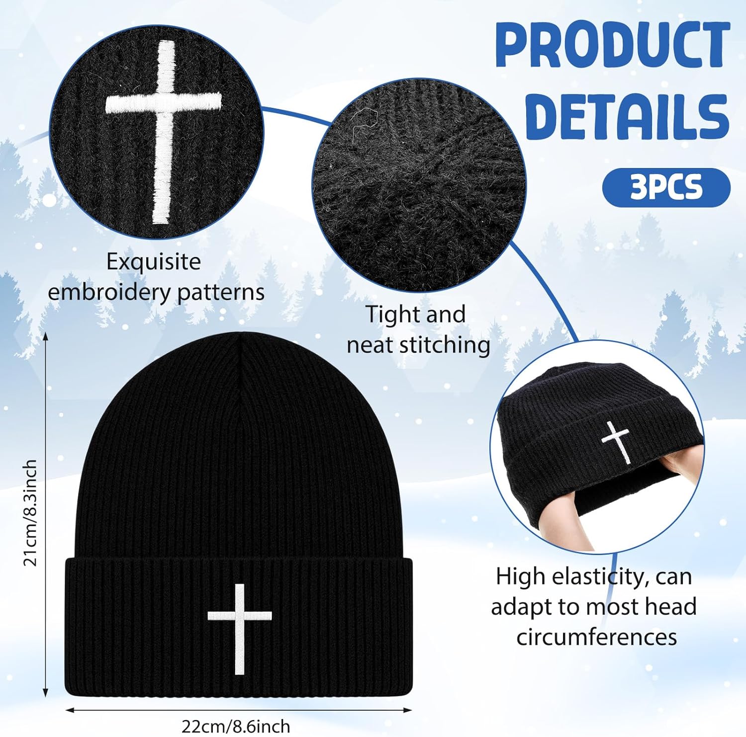 Berlune 3 Pcs Christian Cross Beanie Religious Beanie Winter Hat with Cross Pattern for Men Women Catholic Saint God - Image 2