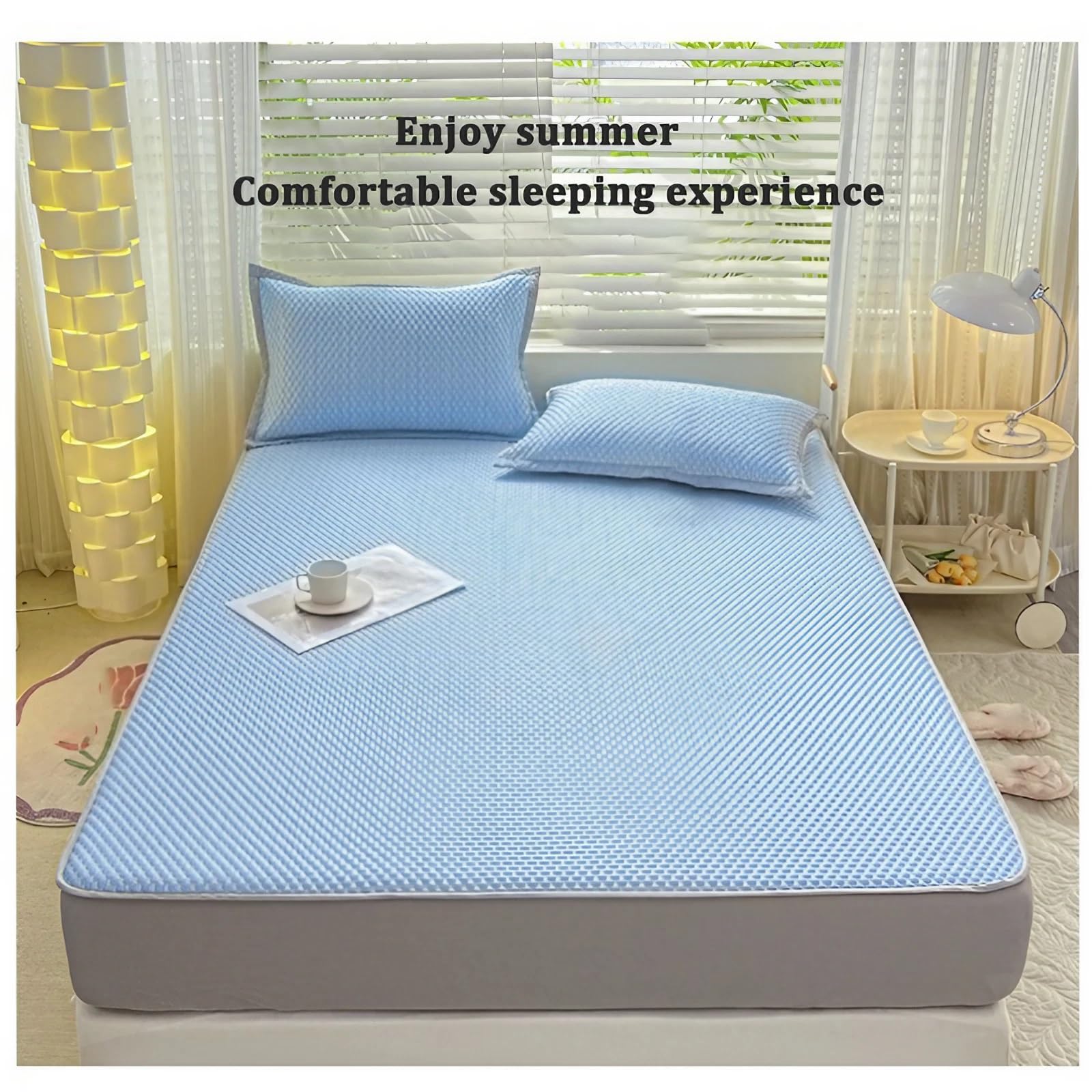 Lenzuola Una Piazza E Mezza In Cotone - Lenzuolo Refrigerante Leggero e Traspirante - Coprimaterasso Rinfrescante per Letto Estivo - Topper Matrimoniale Completo(Blue A,150 x 200 cm+2 pillowcases)