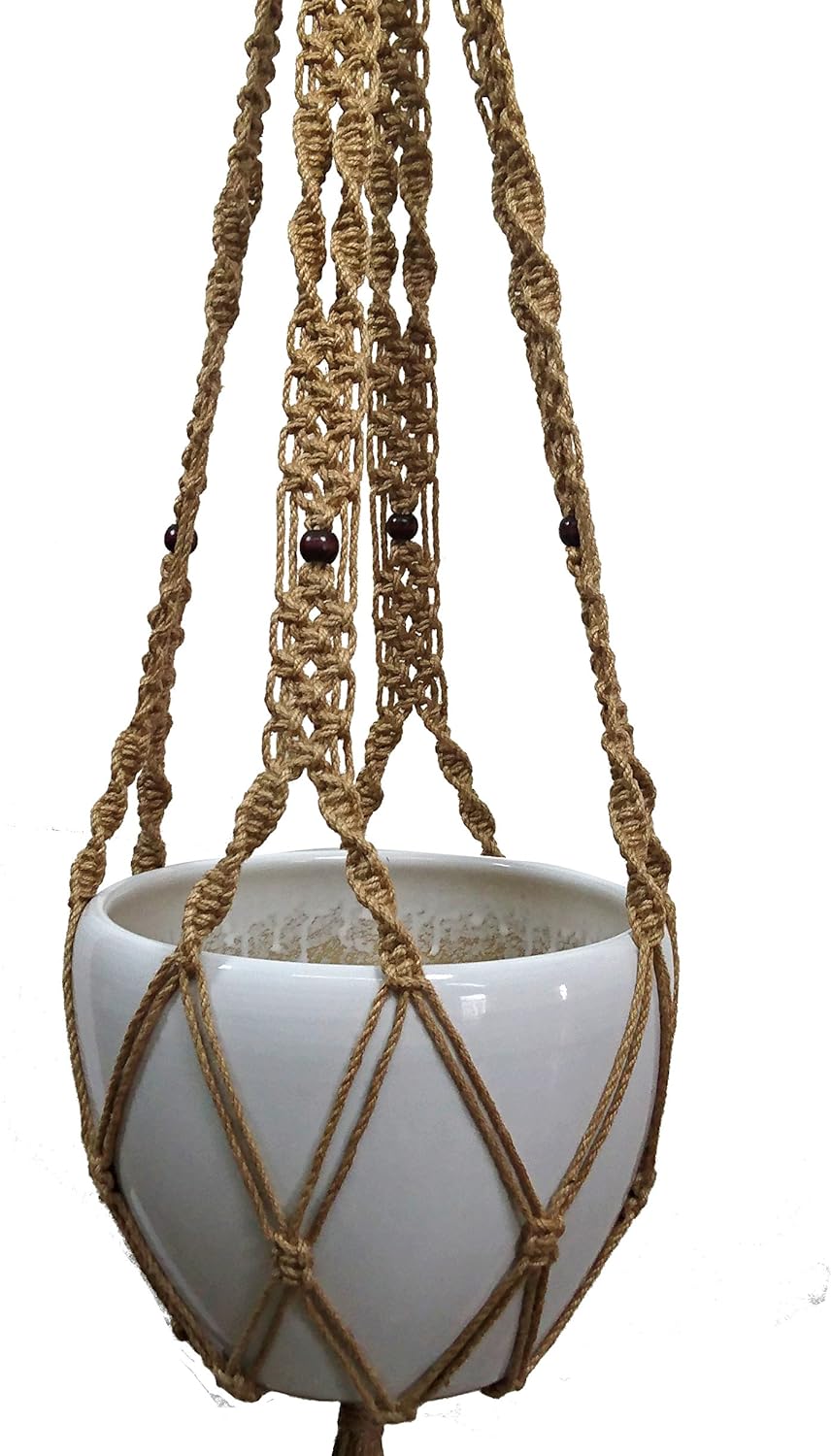 Hemp Rope Macrame Plant Hanger Hanging Planter 4 Legs 59 Inch for 12-13 inch Plant Pot, Without Pot and Plant (Light Brown-Hemp)