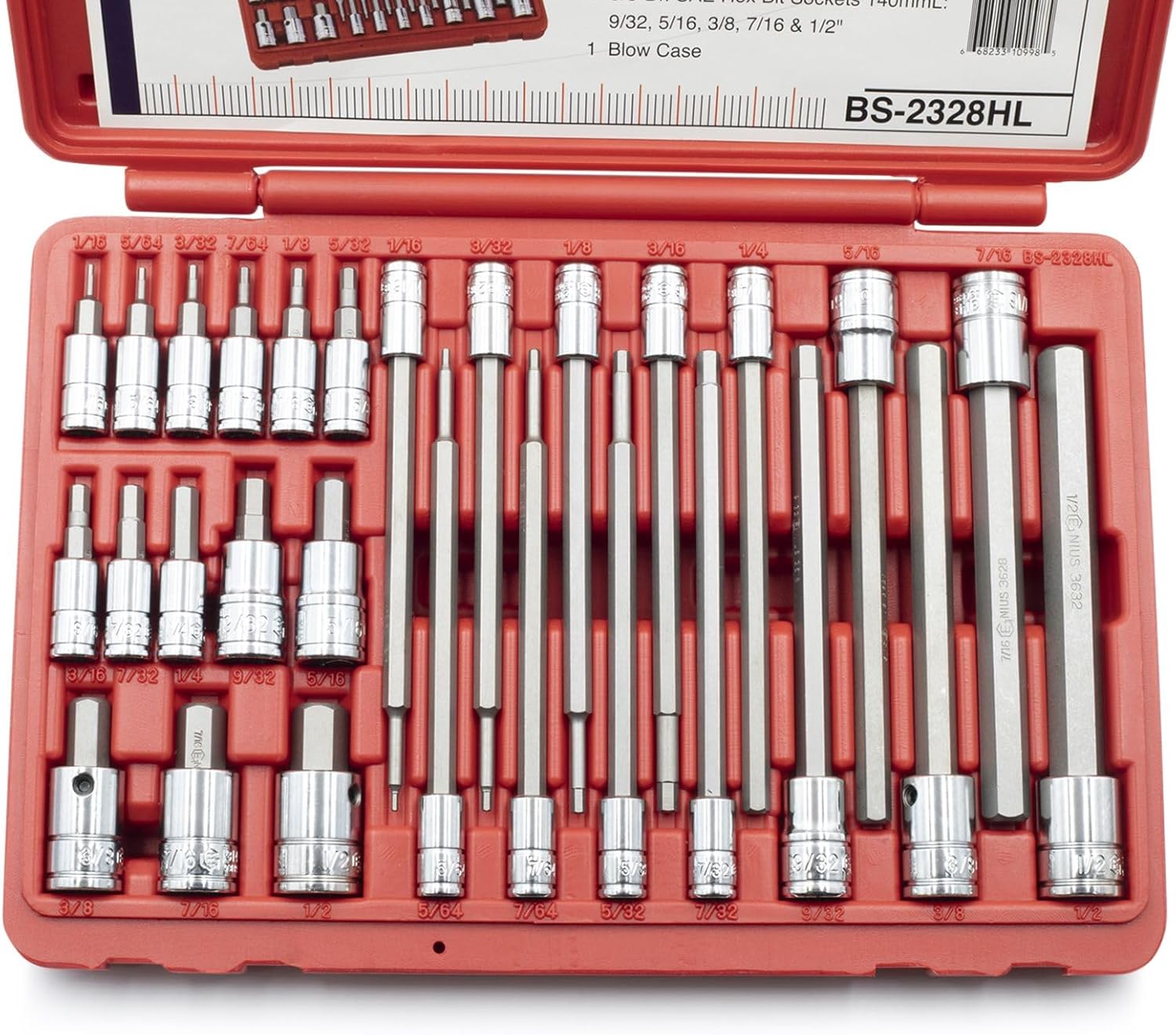Genius Tools 28 Piece 1/4" & 3/8" Dr. SAE Hex Bit Socket Set BS-2328HL
