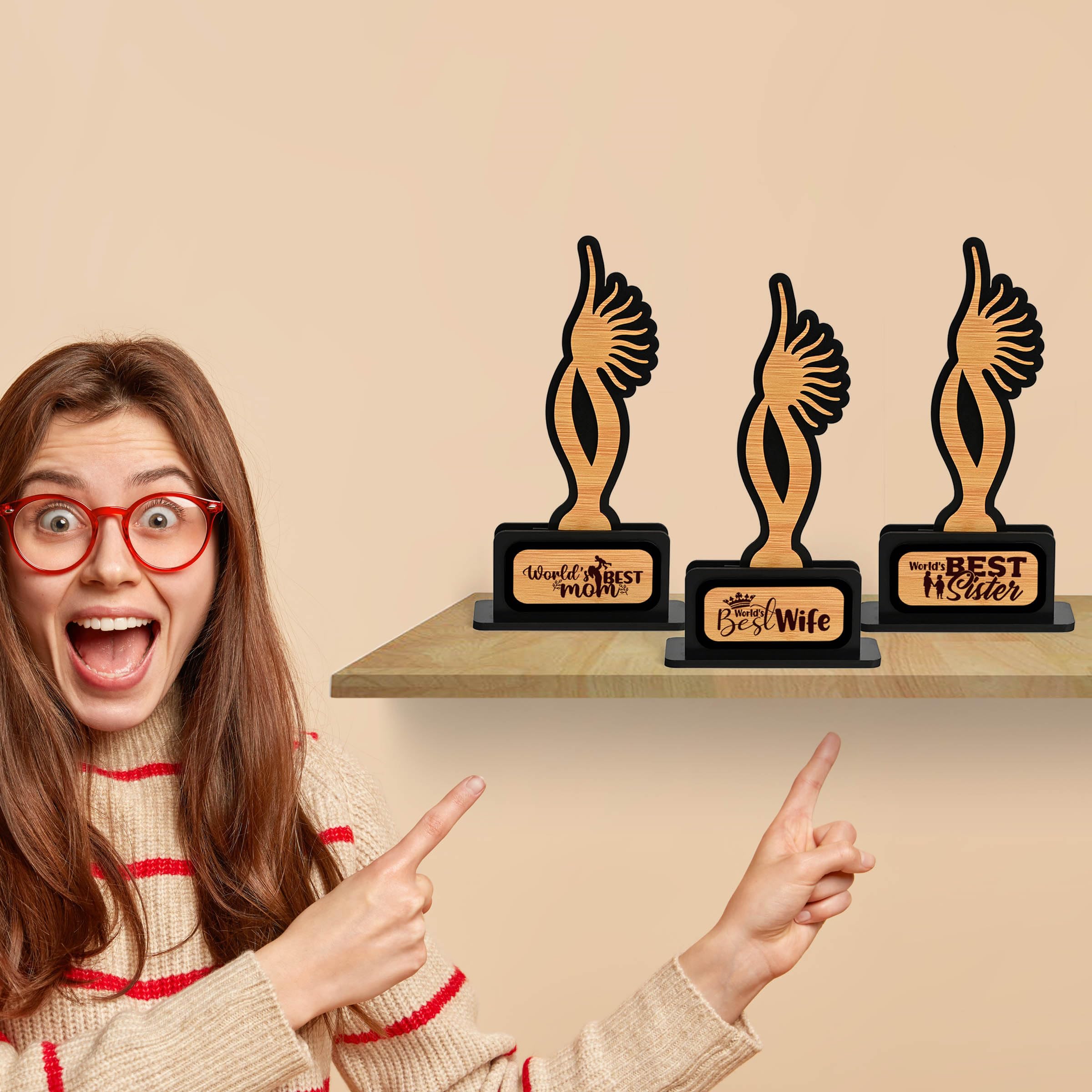 GKD Women's Day Gifts Momento Awards and Trophy for All, Beautiful Black and Bamboo Design with Wooden Cutwork, (eco-Friendly 10x6 Combo Pack of 3)