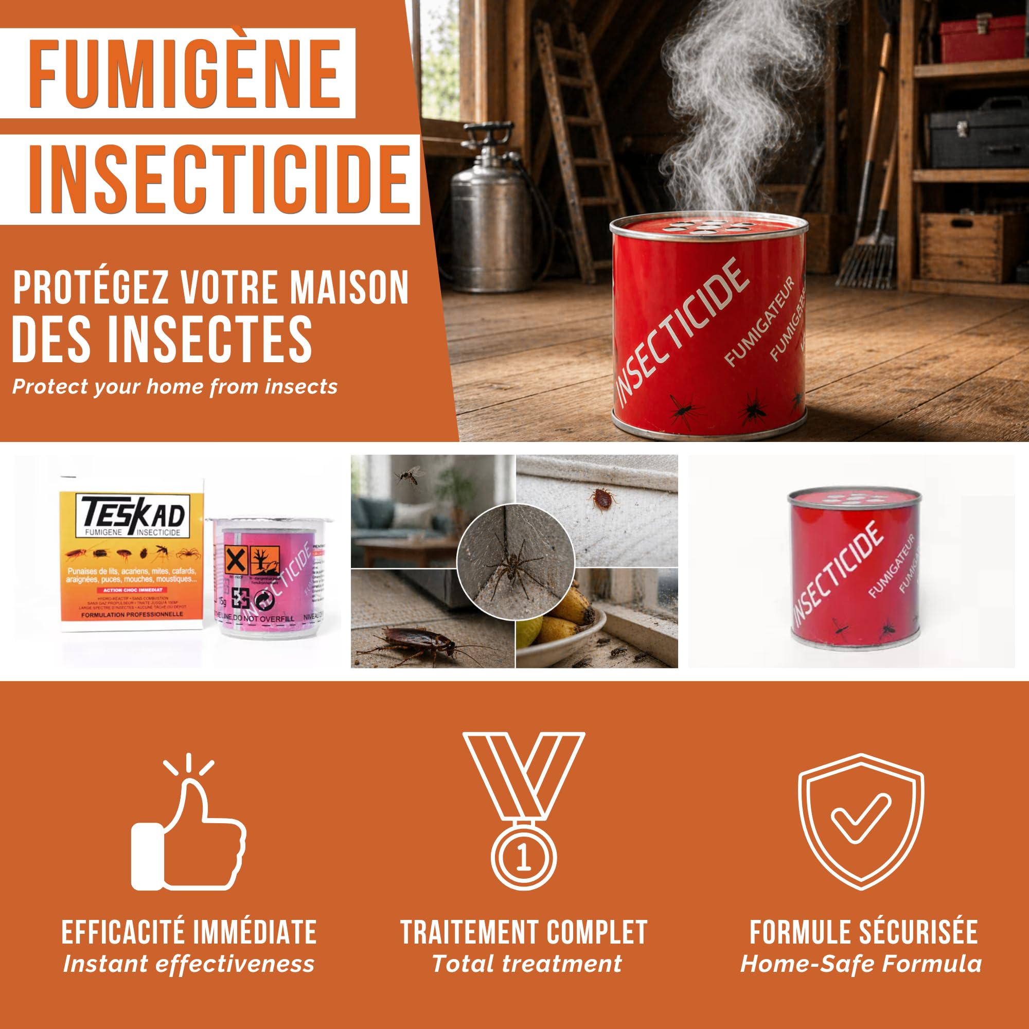 Fumigène Insecticide – Anti Puces, Punaises de Lit, Cafards, Mites, Araignées, Mouches, Moucherons – Action Choc Jusqu’à 250m³ – Traitement Intérieur Efficace