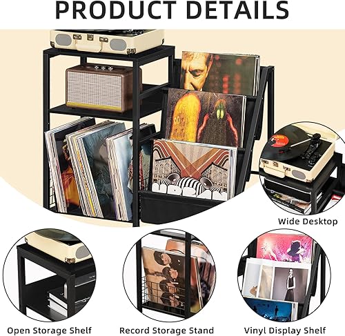 Miniatura 5 de LELELINKY Mesa auxiliar negra, soporte para tocadiscos con almacenamiento de vinilo, mesa auxiliar de 3 niveles con estante de exhibición de