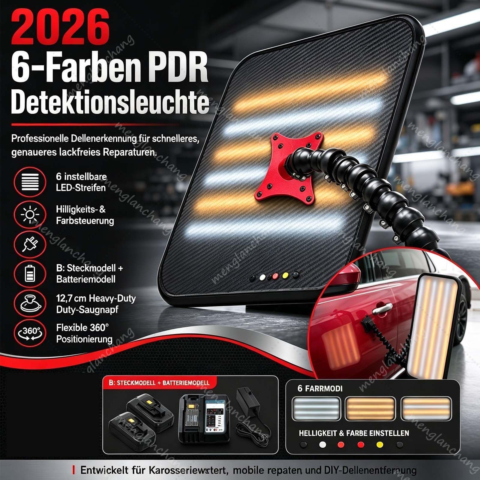 Luce LED per Riparazione Ammaccature Senza Vernice, Lampada PDR Carrozzeria Auto a 6 Colori con Ventosa 360°, Luminosità Regolabile per Levabolli e Meccanici Professionali in Officina B