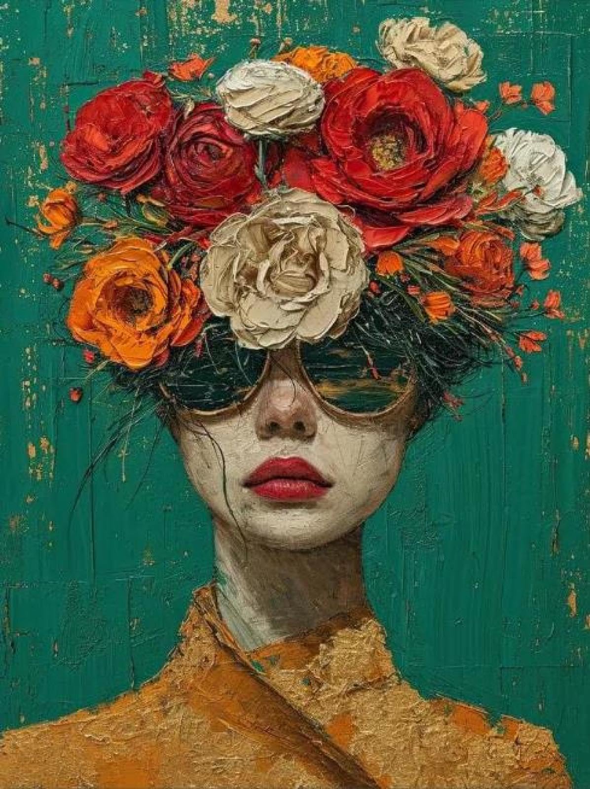 Yocheng Floral Portrait Female Poster Print Abstract Luxury Floral Face Art Canvas Painting Living Room Home Decor 21x30cm No Frame