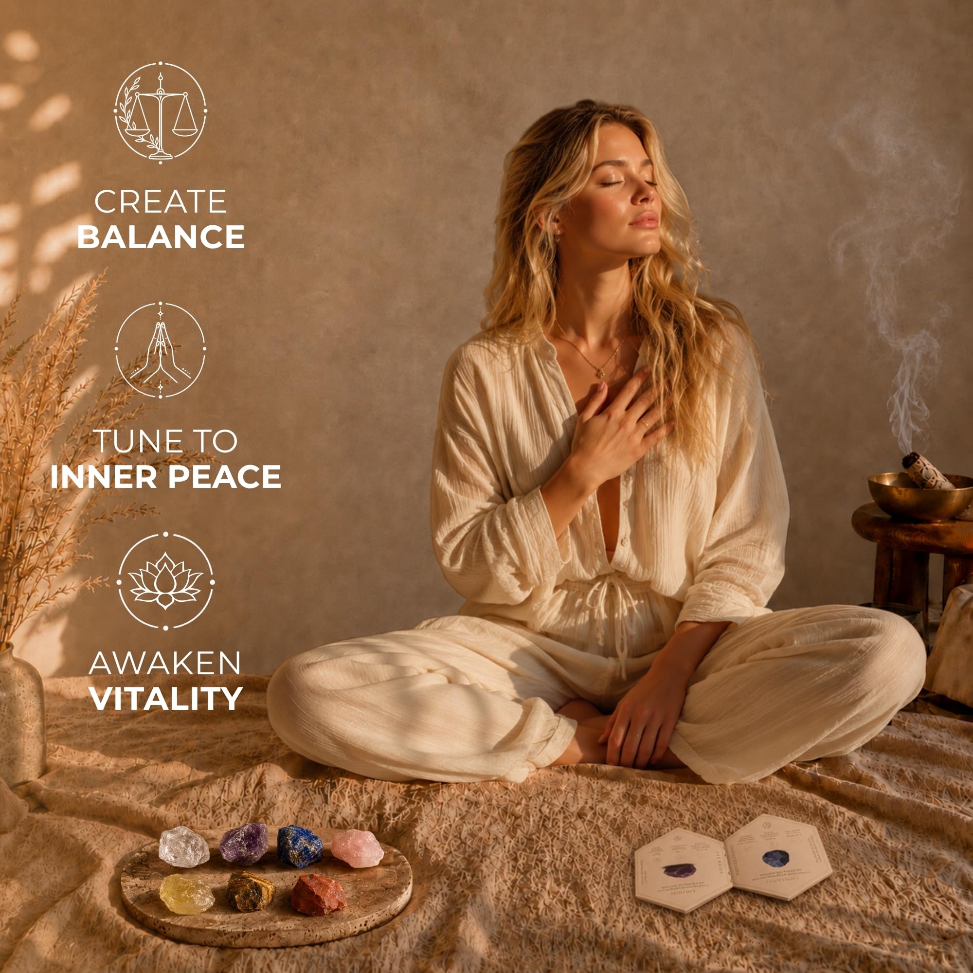 Anima Set di Cristalli 7 Chakra Premium – Ametista Grezza, Quarzo Rosa, Citrino, Lapislazzuli, Quarzo Ialino, Occhio di Tigre e Diaspro Rosso – Scatola in Legno & Guida