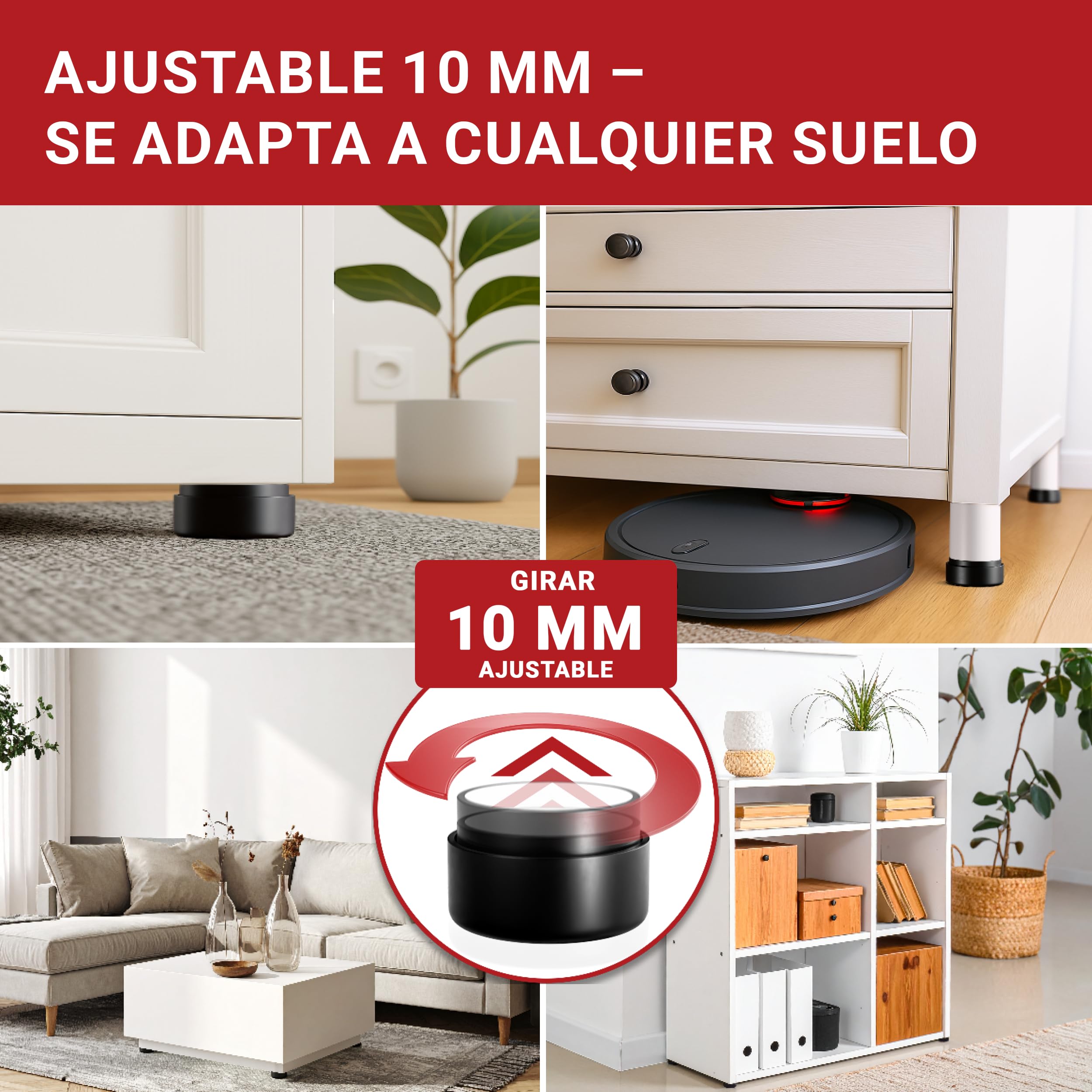LouMaxx Patas para Muebles Adhesivos – Patas Ajustables Regulables en Altura 10mm – Elevador Mueble Ø 53,5mm Plástico – Set de 8 Patas Elevadoras Negro Incl. Material de Montaje