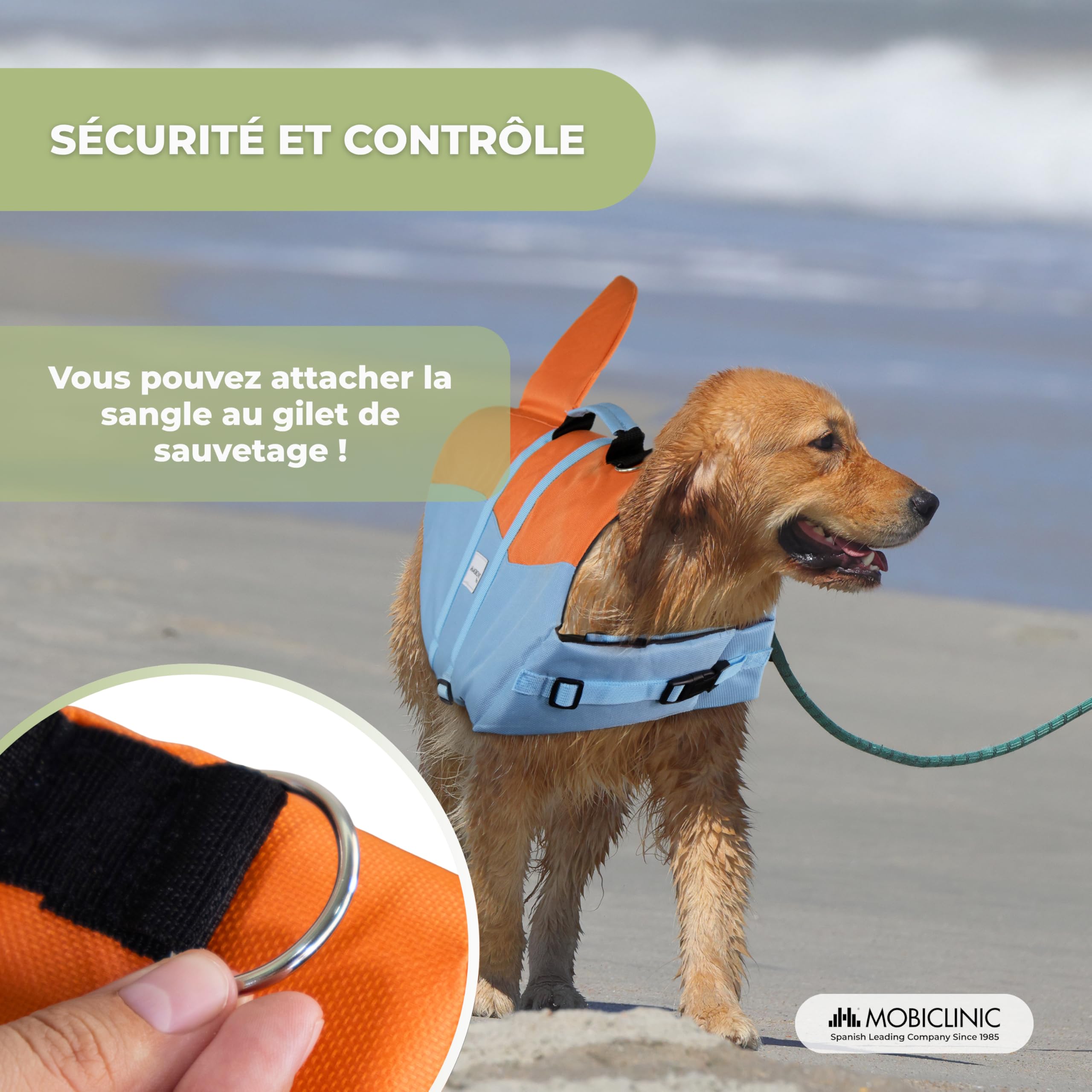 Mobiclinic®, Gilet de Sauvetage Chien, Design Aileron de Requin, Poignée de Sauvetage, Harnais Réglable, Anneau de Laisse, Flottabilité et Visibilité Élevées, Sharky, Léger, Natation, Surf, Voile (XL)