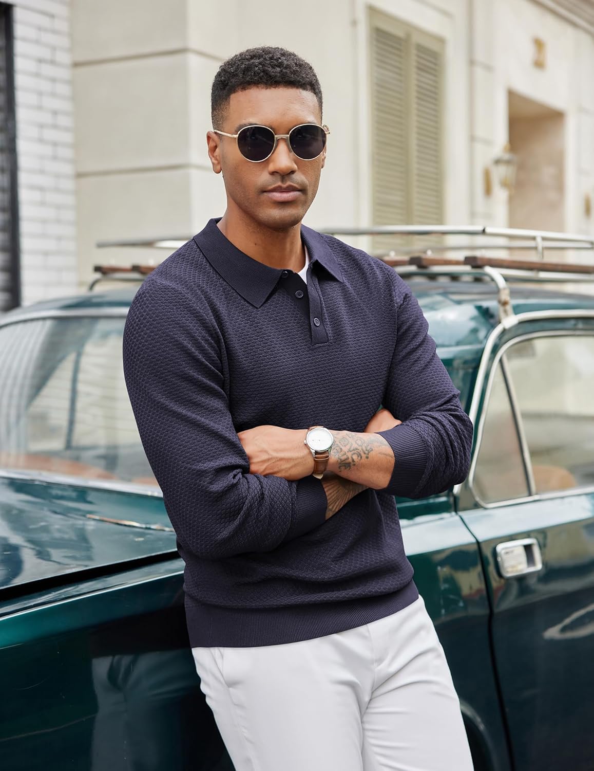 COOFANDY Men's Knit Polo Sweater Long Sleeve Casual Collared Quarter Button Golf Waffle Textured Sweater - Image 3