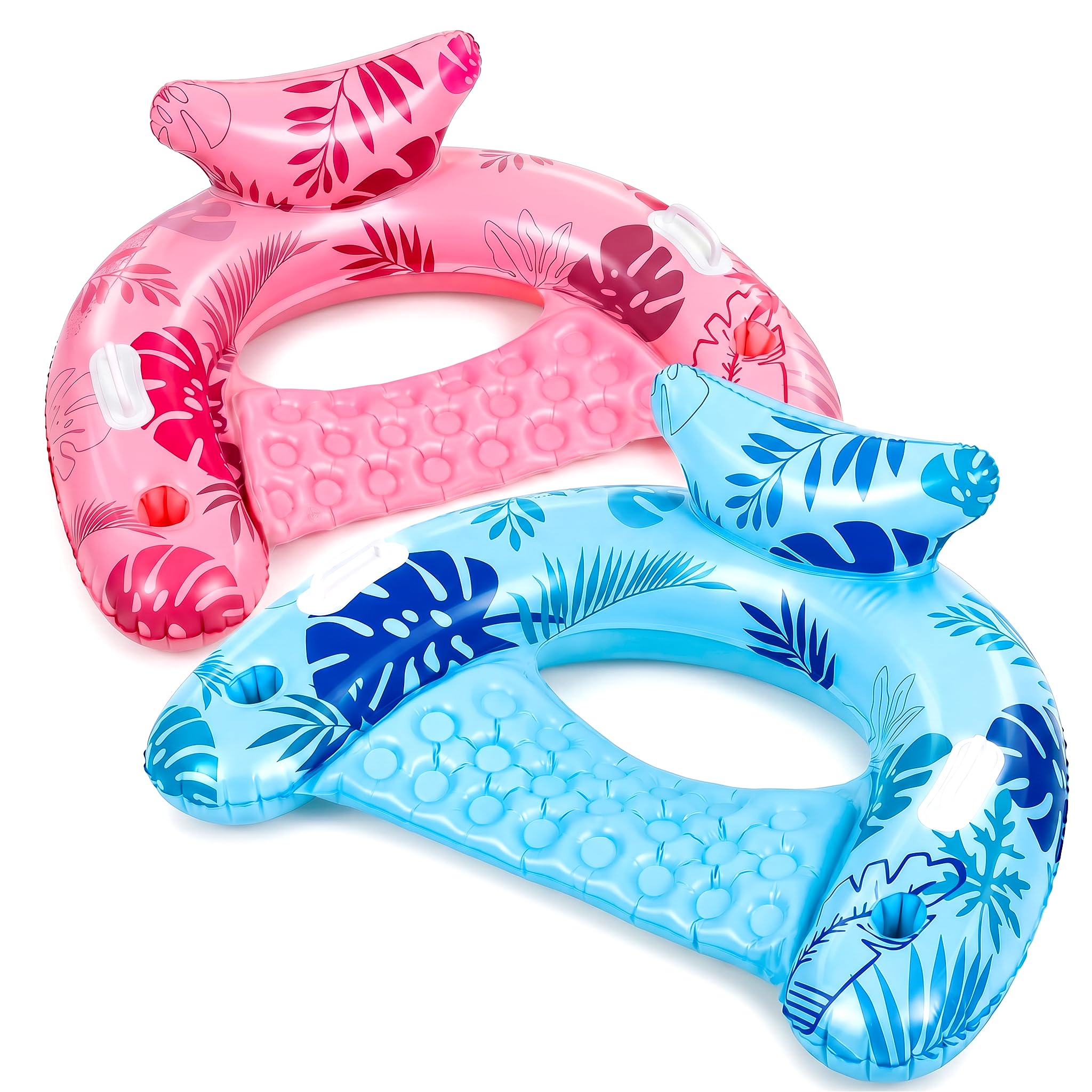 SOLAVERO Aufblasbare Poolsessel, 2 Stück Schwimmende Pool Luftmatratzen für Erwachsene, Wasserhängematte mit Getränkehalter & Griff, Robuster Schwimmstuhl mit Kopfstütze für Pool, Sommerparty, Strand