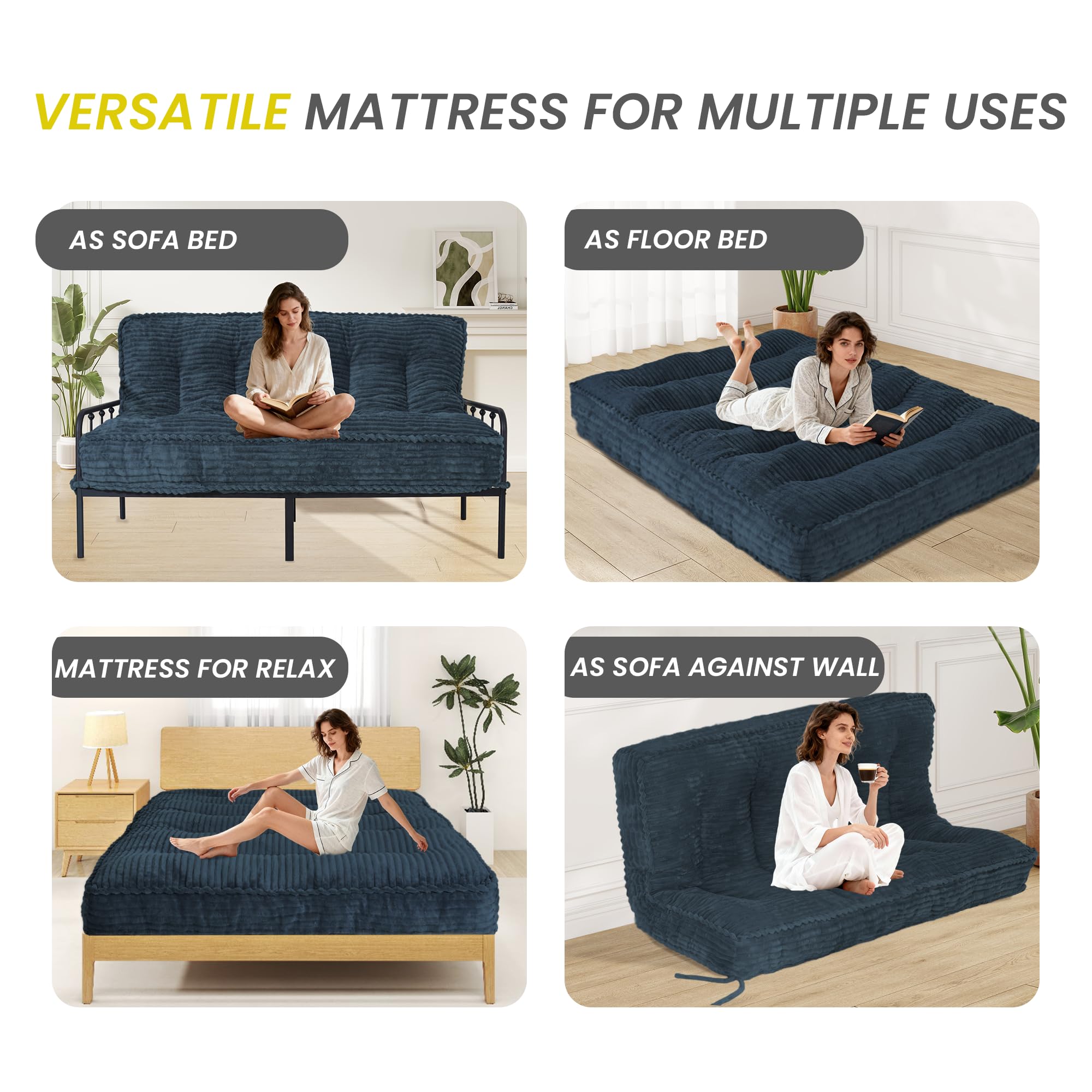 8” Futon Mattress Full Size 54” x 80”, Futon Sofa Couch Bed with Twisted Rope Design Edging, Extra Thick Corded Floor Futon Mattress Sleeping Mat for Adults, Camping, Dorm, Blue(Frame Not Included)