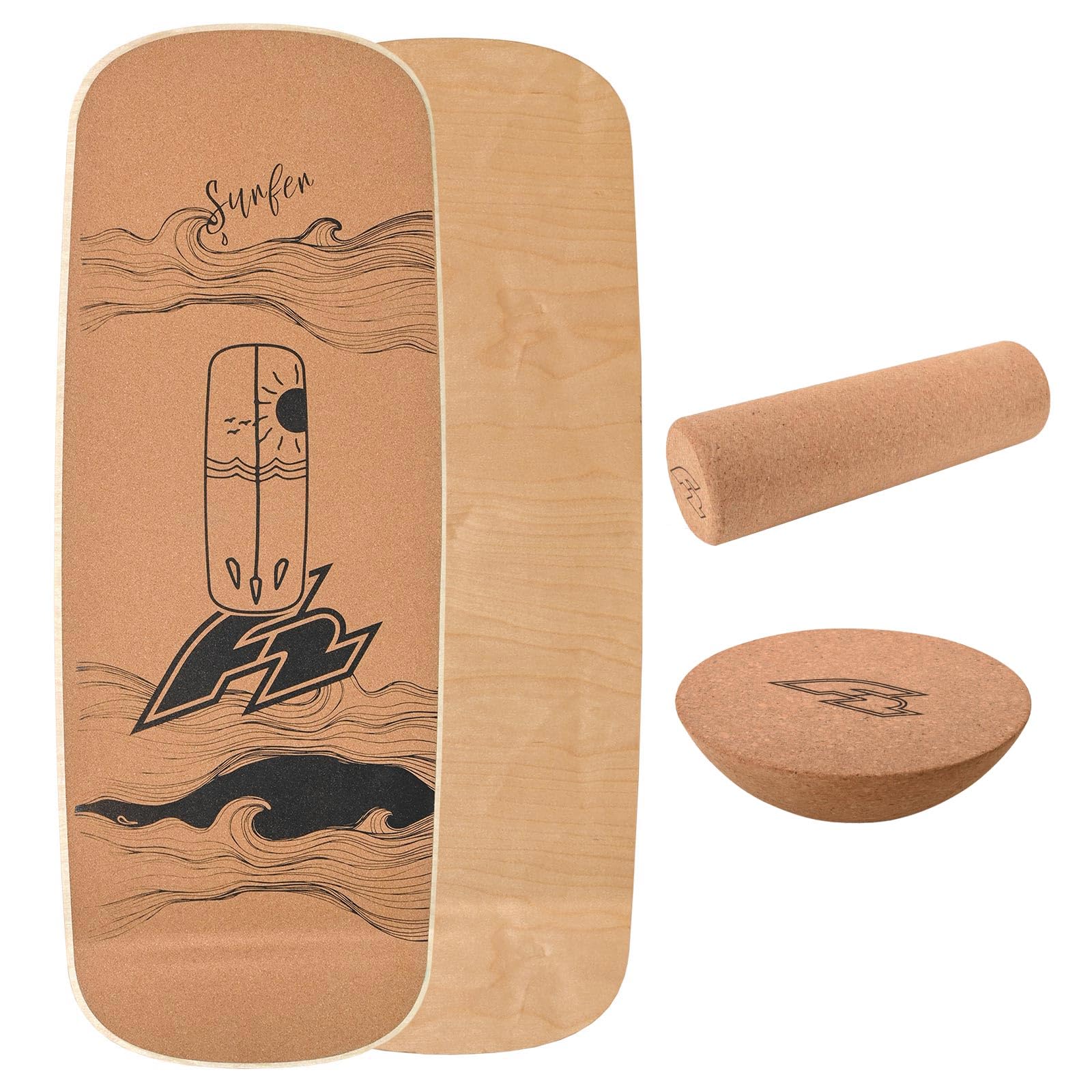 F2 Kork Balance Boards mit Korkrolle + Kork Halbkugel - Modell wählbar