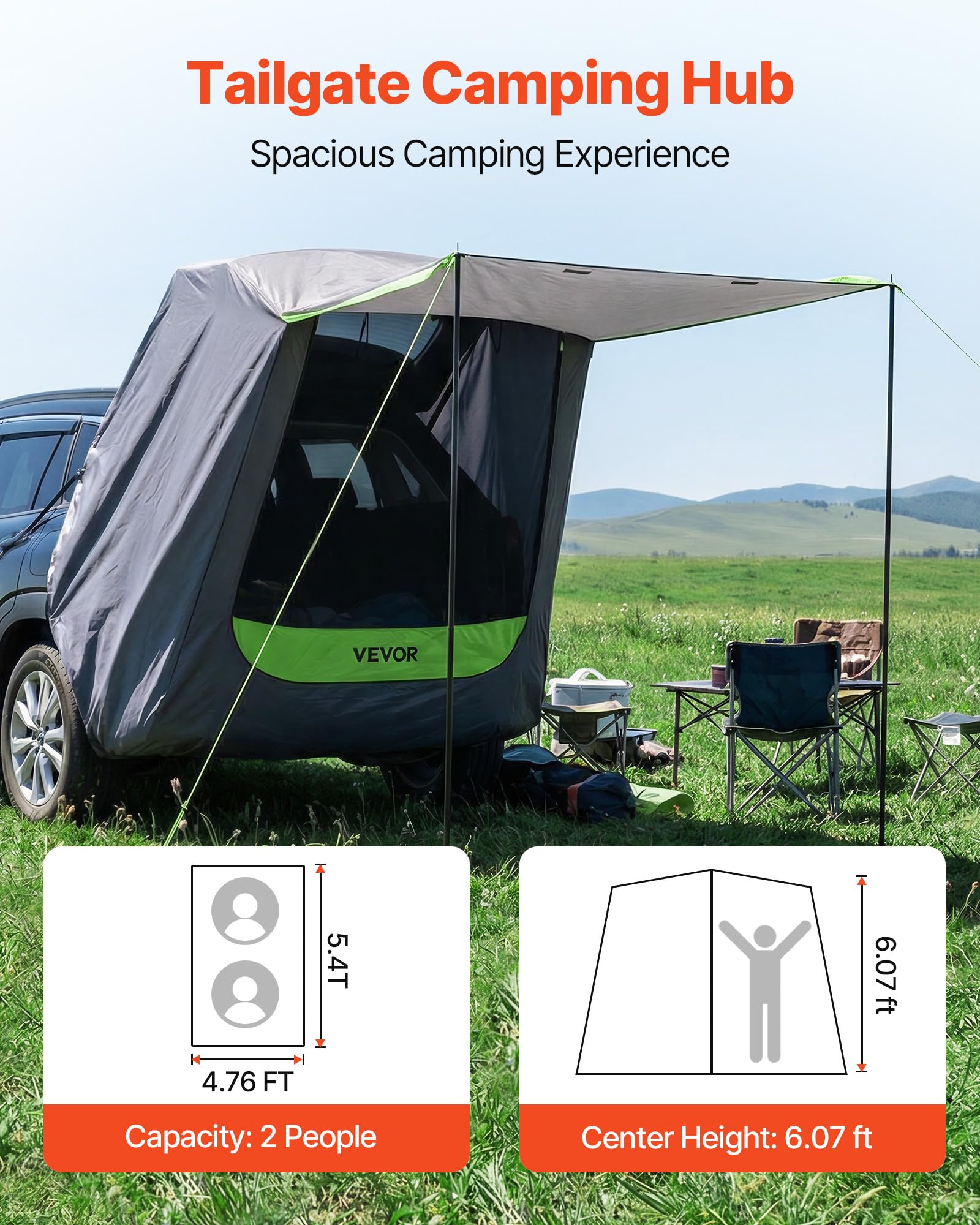 VEVOR Tente de Hayon pour 2 Personnes, Tente Arrière de Voiture SUV Toutes Saisons, pour Camping, Randonnée en Plein Air, Auvent Pare Soleil de Coffre, Imperméable PU2000 mm, avec Sac de Transport