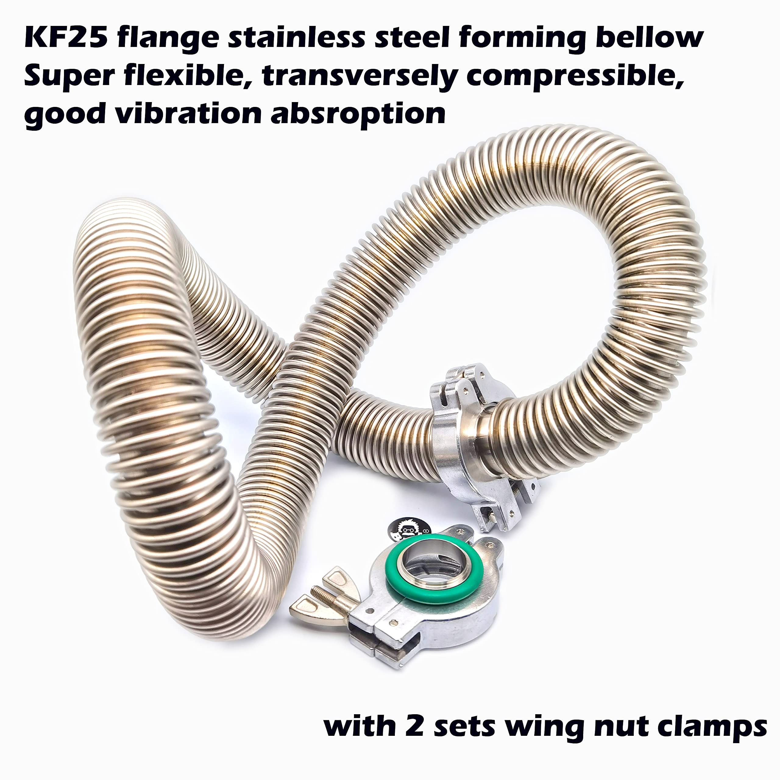 bmotiontech ISO-KF KF25 Manguera de fuelle de vacío de acero inoxidable corrugado altamente flexible + 2 juegos de abrazadera de tuerca KF25, anillo de centrado y junta tórica FKM (1000 mm o 3.3 pies)