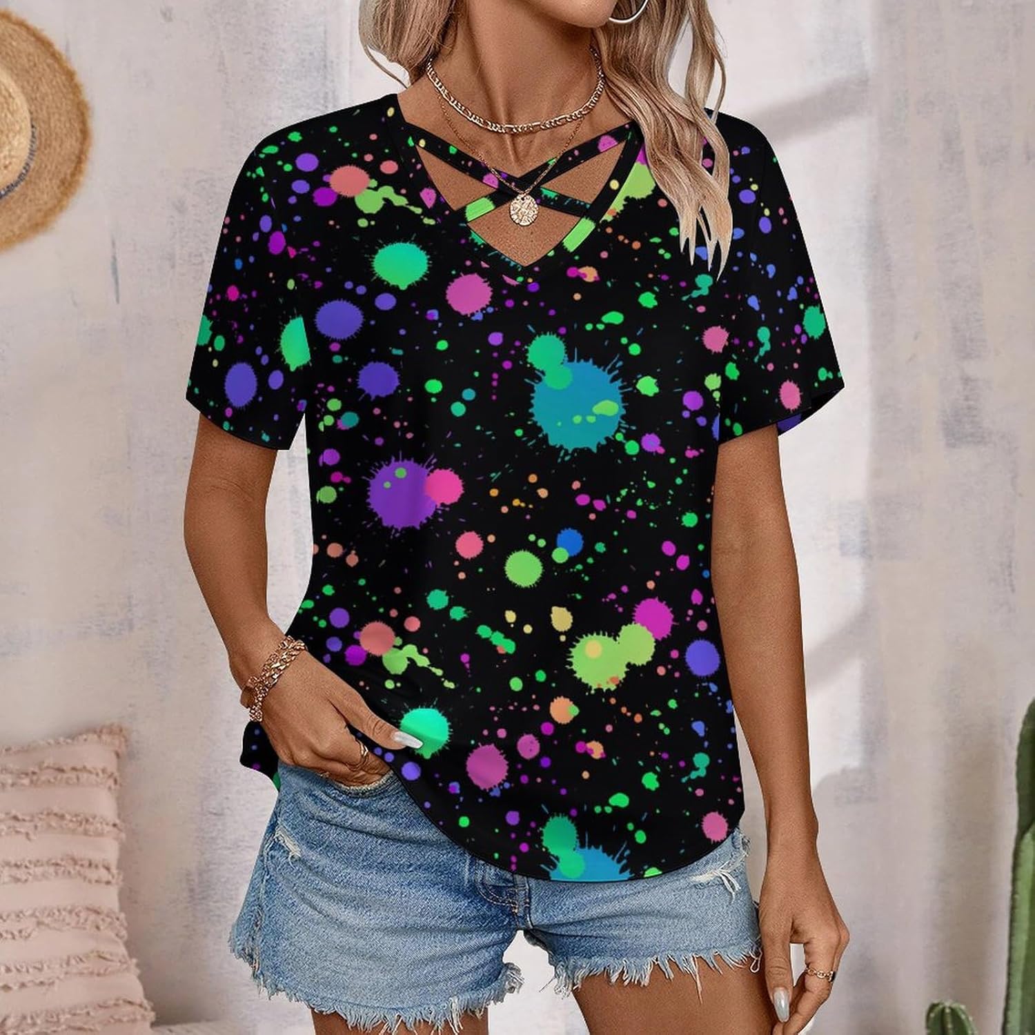 Glow in Dark Splatter Neon Women's Short Sleeve Shirt Tops Loose V-Neck Criss Cross Tees Summer Beach Blouses - Image 2