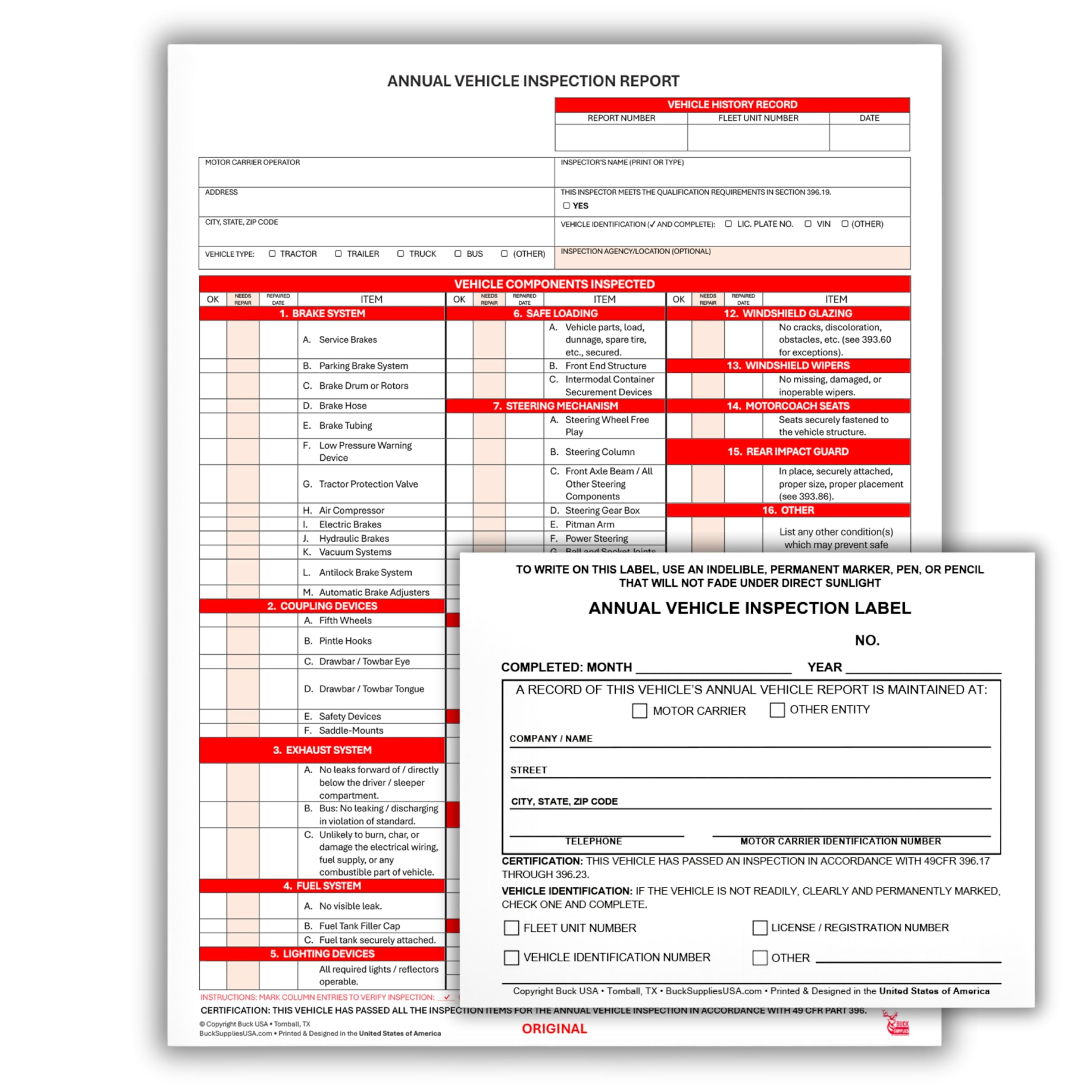5 Pack 3-Ply Carbonless Annual Vehicle Inspection Report Forms with FMCSA 2-Ply Mylar Laminate Adhesive Vinyl Labels, DOT Inspection Forms and