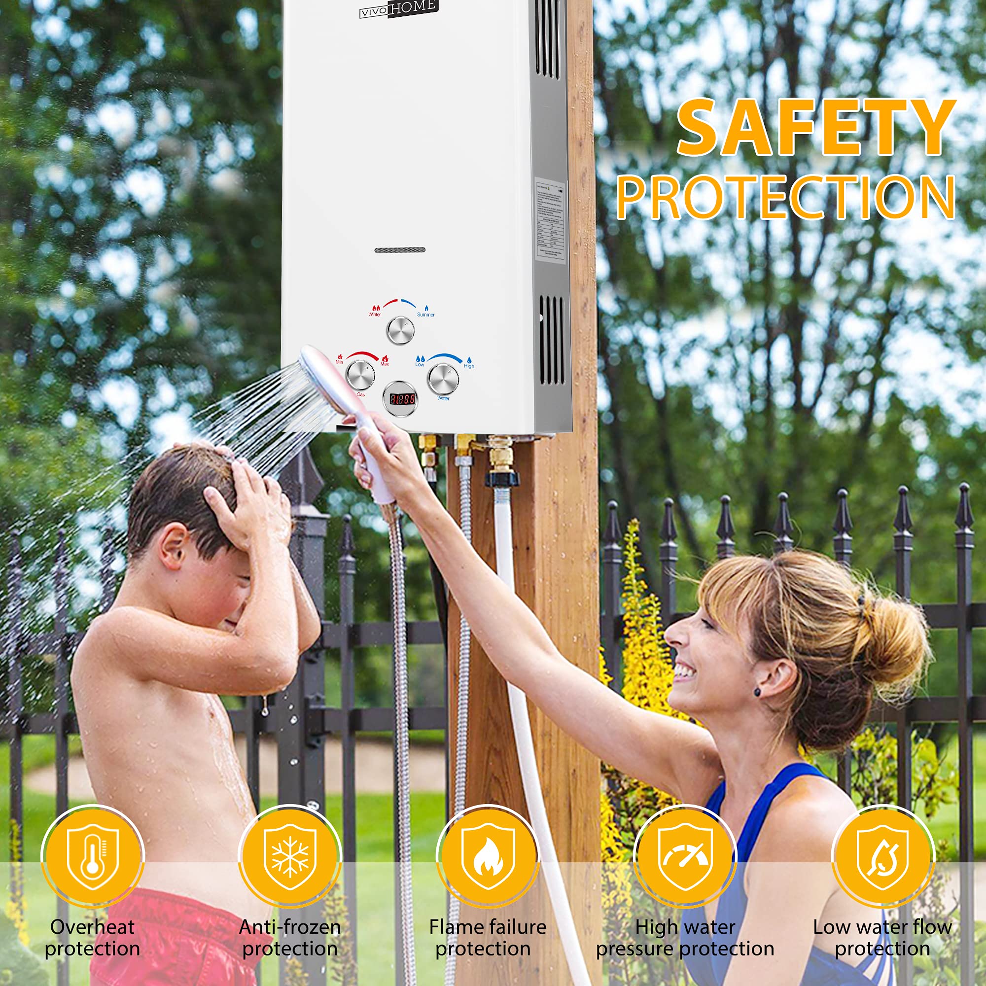 VIVOHOME 2.64GPM 10L Outdoor Portable Propane Gas Tankless Water Heater Digital Display RV Camping Water Heater Overheating Protection Easy to Install White
