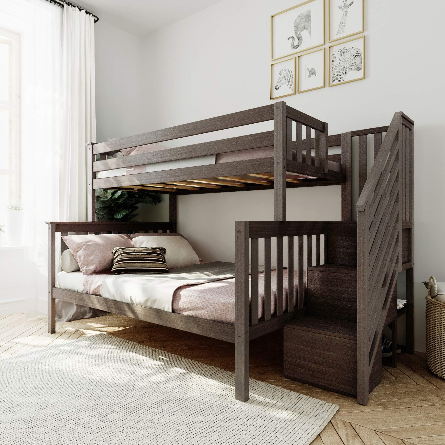 Max & Lily Bunk Bed, Twin-Over-Full Bed Frame For Kids With Stairs, Clay