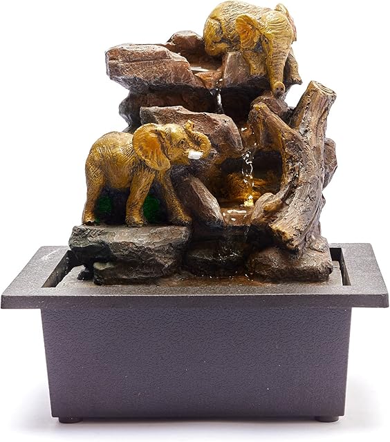 Tabletop Water Fountain, Meditation, Desktop, Indoor Waterfall Feature LED lights Office Decoration Relaxation Zen Chill Relaxed Mellow Gift Feng Shui Elephants 24cm High