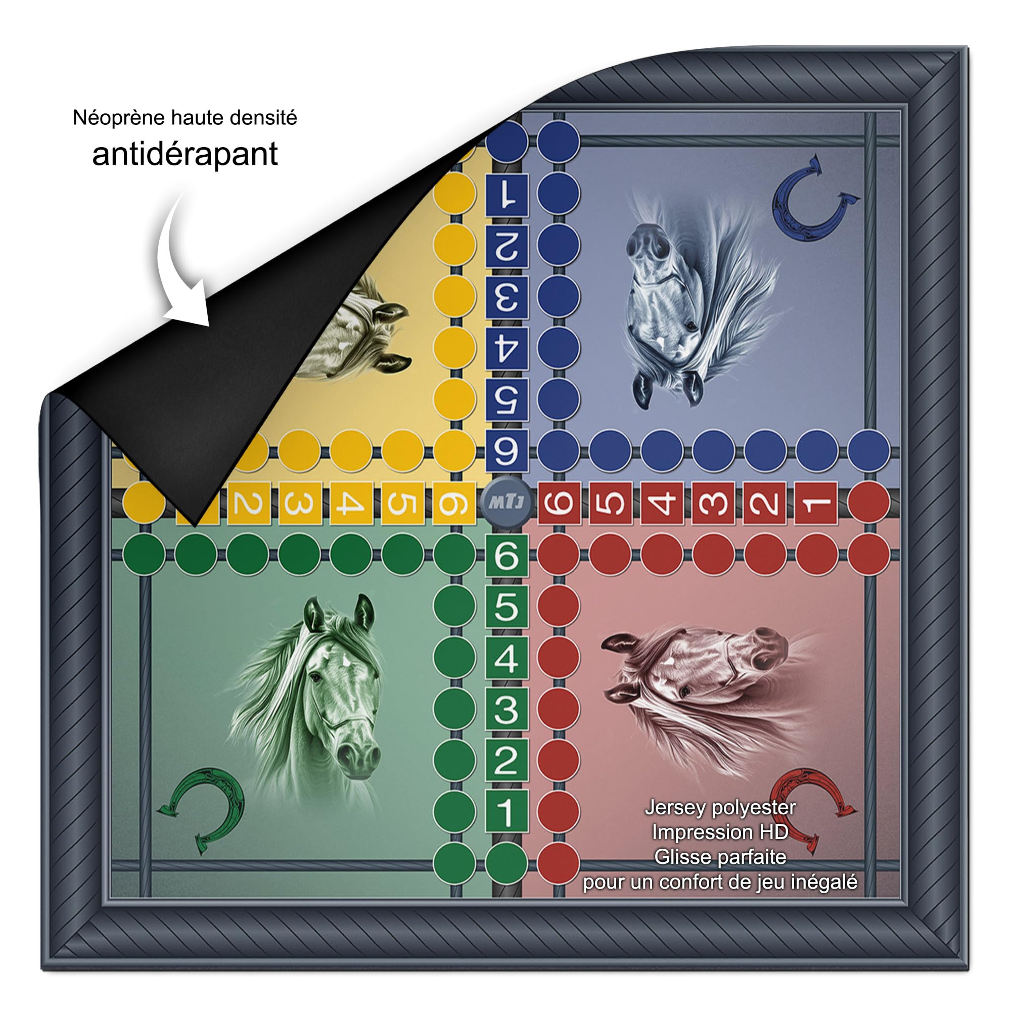 MTJ® Tapis Jeux de Plateau 50 x 50cm - Jersey néoprène - Fabriqué en France (Petits Chevaux)