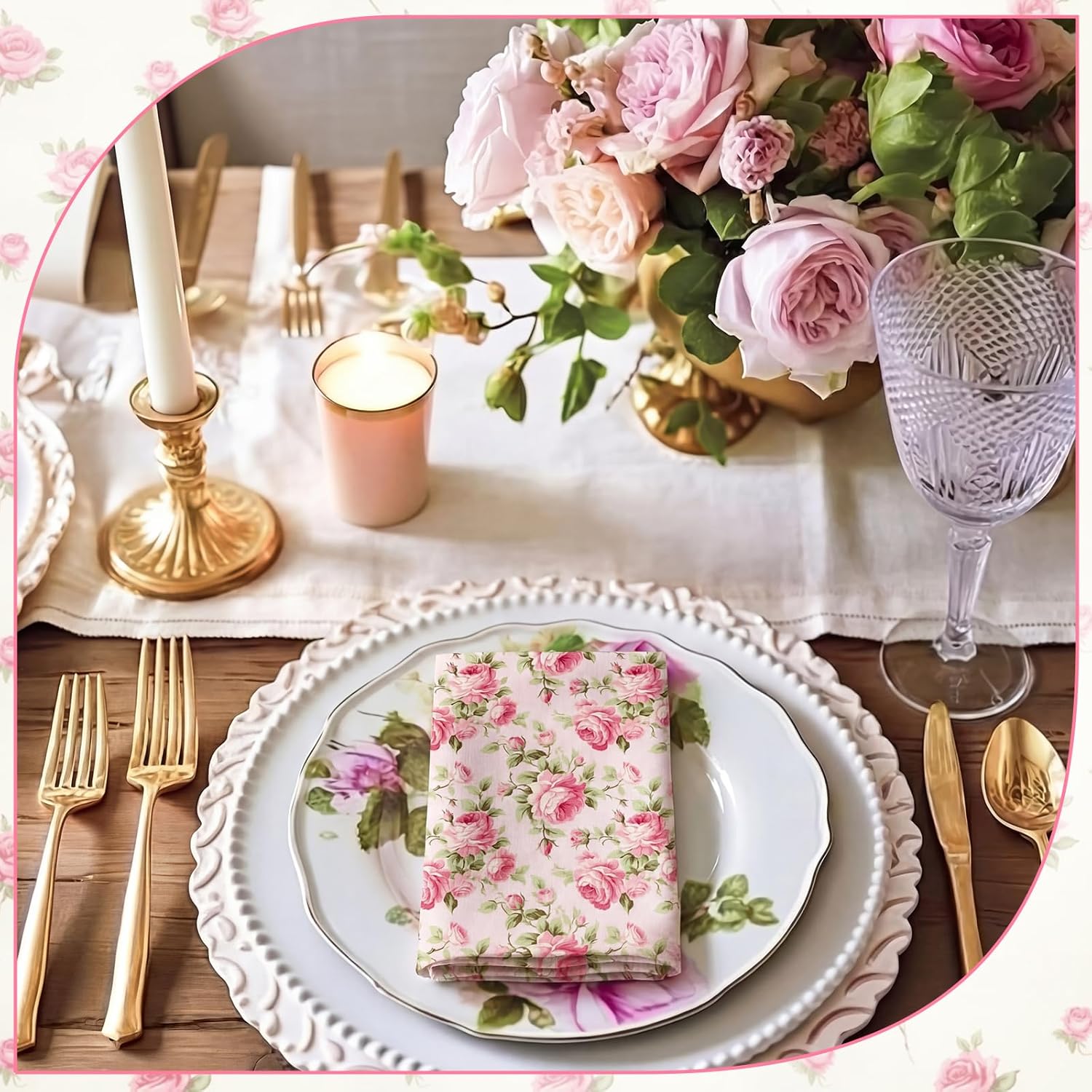 Floral Cloth Napkins 6 Patterns Washable Dinner Tea Party Napkins Reusable Plant Flowers Square Napkin Cotton Towel Decorative for Spring Wildflower Party(Pink Rose,24 Pcs)