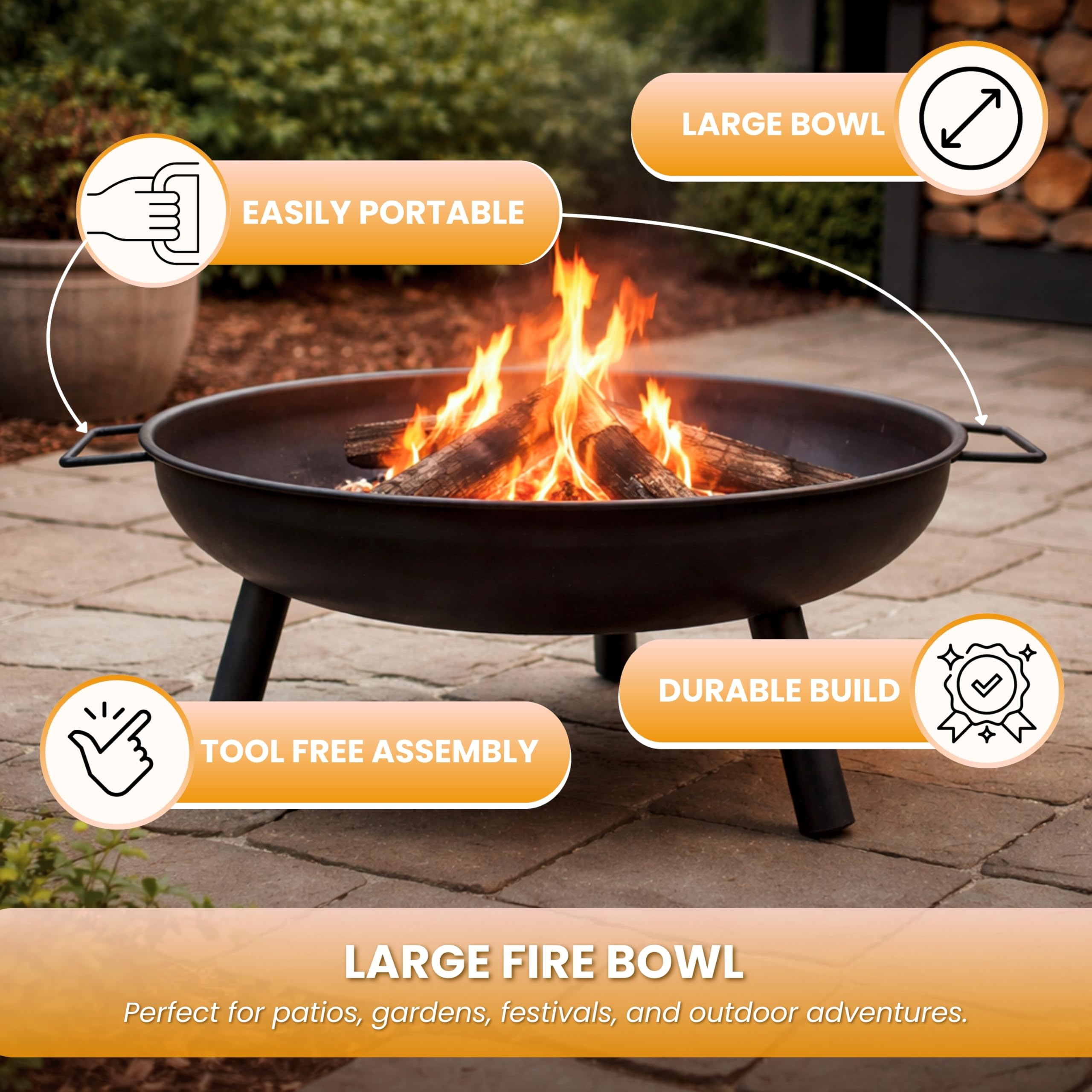 Garden Mile Outdoor Fire Pit Bowl 58cm Large Round Steel Garden Fire Pit with Handles Portable Wood Burning Fire Bowl with 3 Legs Heat Resistant Powder Coated Firepit for Patio, Camping, Bonfire — view 4