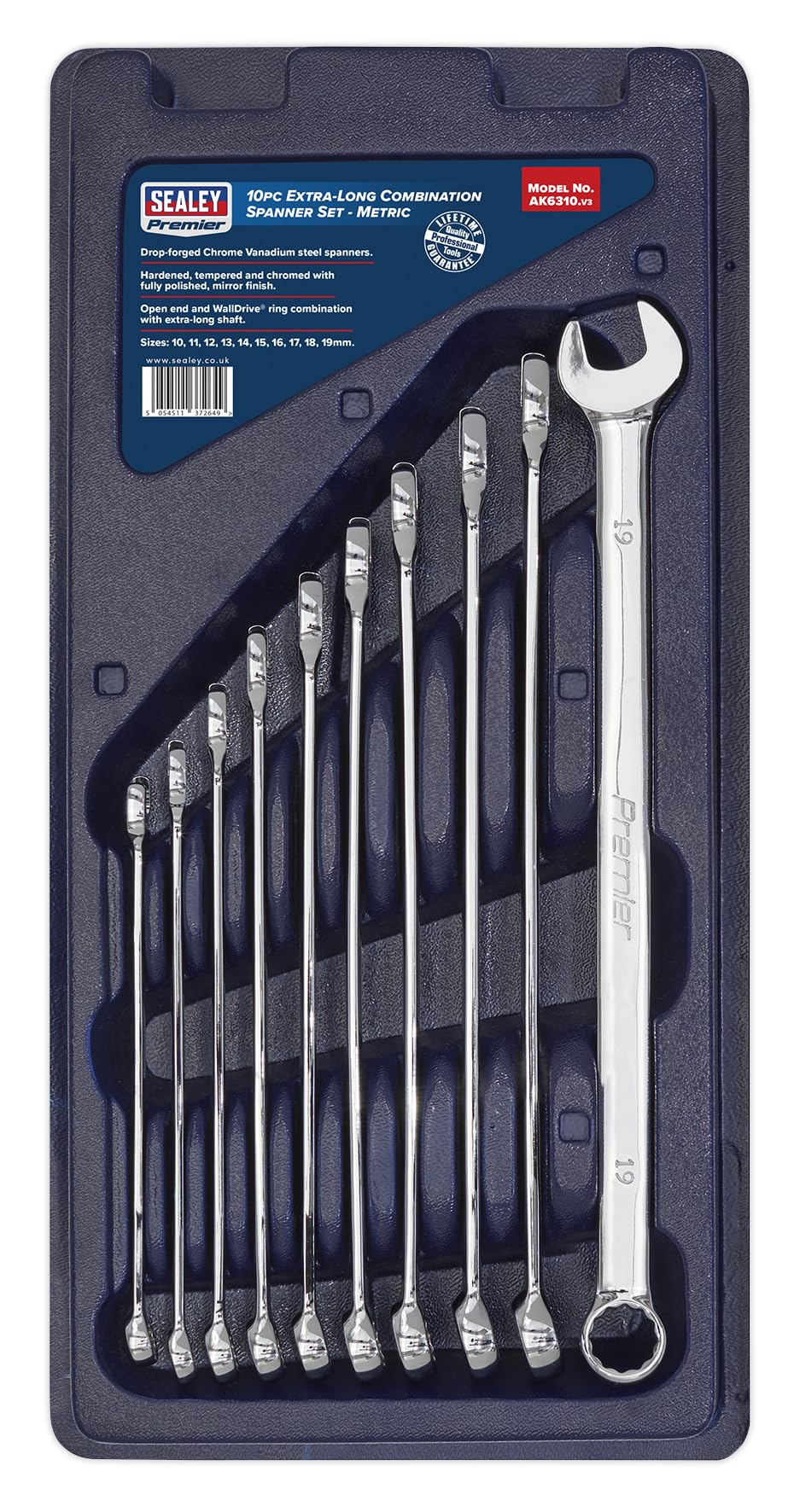 Sealey Ak6310 Combination Spanner Set 10Pc Extra-Long Metric, White - Image 4