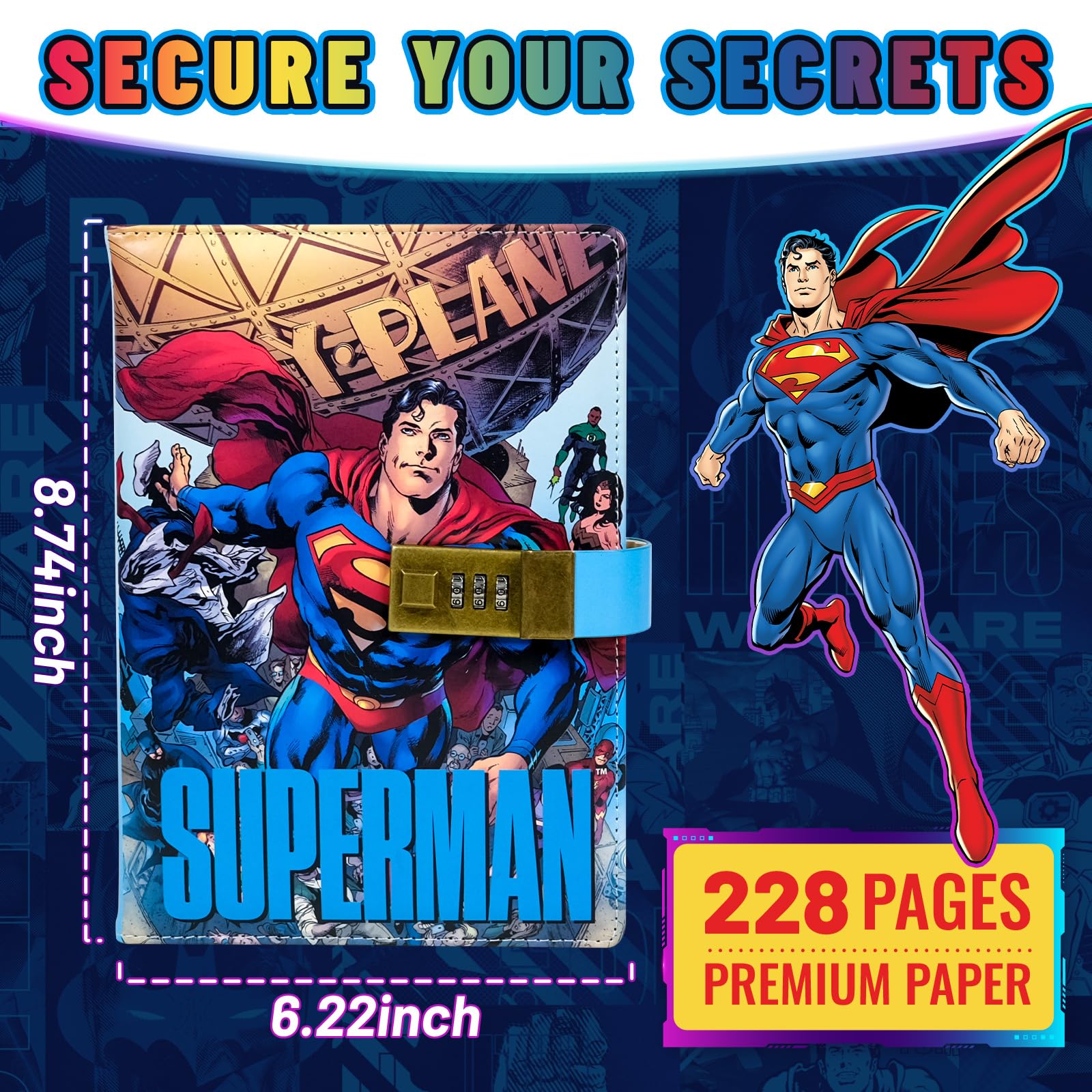 Superhelden-Tagebuch mit Schloss, Comic-inspiriertes PU-Leder-Notizbuch, Tagebuch mit Schloss, 228 Seiten, gesperrter Tagebuch, Planer, Organizer für Jungen, Mädchen, Teenager, Fans, Schule oder