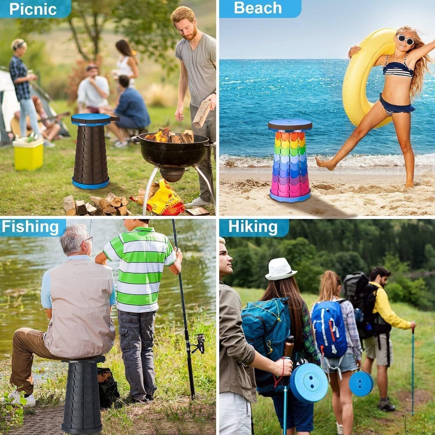 Sgabello pieghevole portatile, sedile telescopico da campeggio, altezza regolabile per escursionismo, pesca, barbecue, design compatto e leggero, facile da trasportare