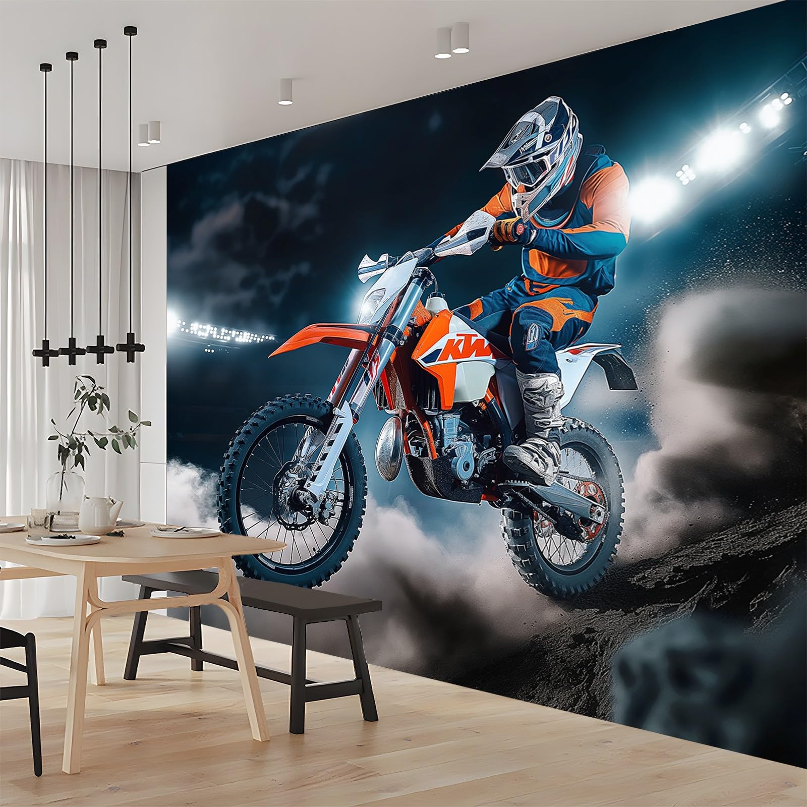 Fototapeta 350 x 256 cm, tapeta z włókniny, niebieska, ekstremalni motocykliści na skałach, nadaje się do dekoracyjnego korektora, salonu, sypialni, ściany tła telewizora