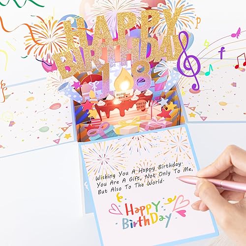 Miniatura 6 de Tnvee Tarjetas de cumpleaños número 18 con luces, música y velas, tarjetas de felicitación de feliz cumpleaños emergentes en 3D para niñas y amigos