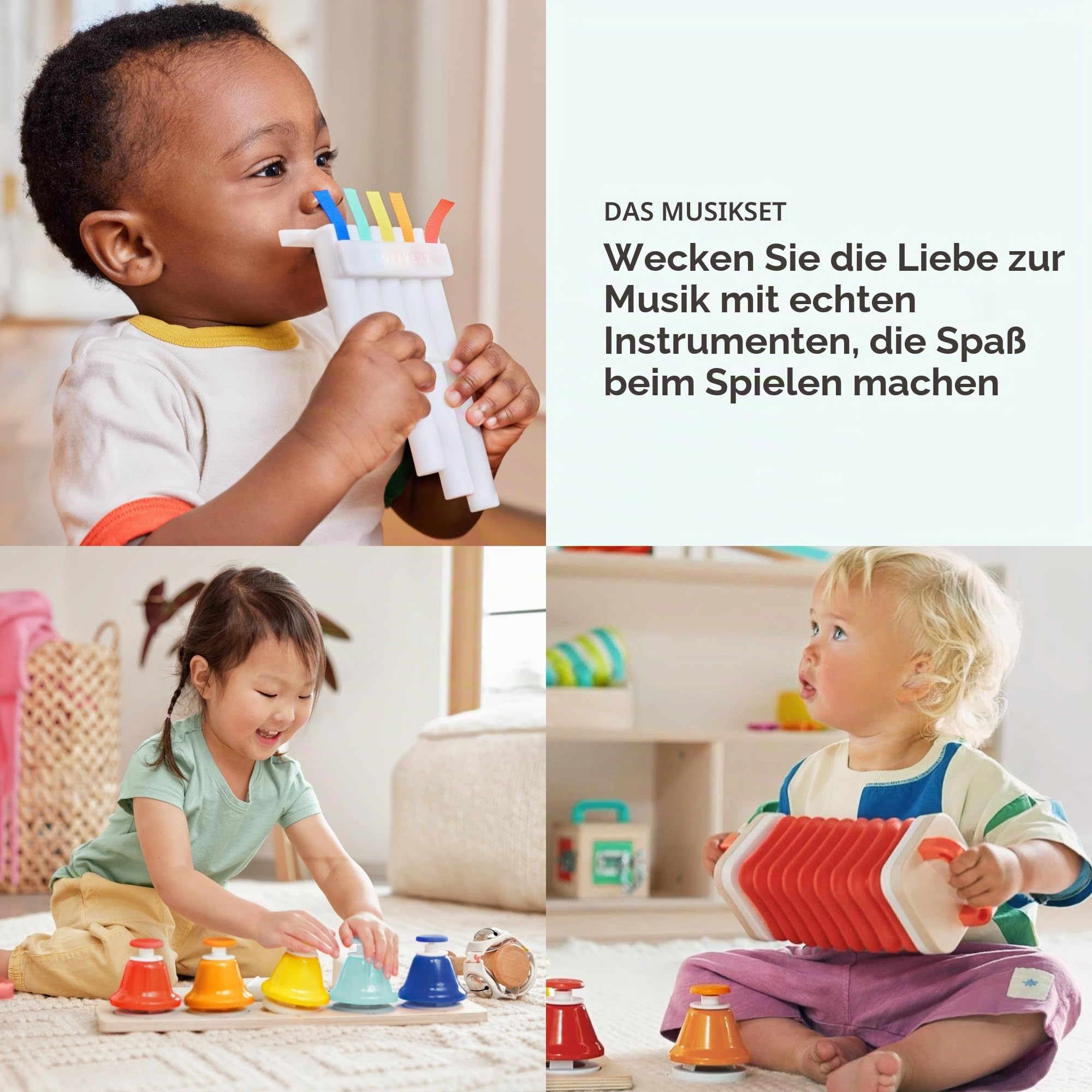 Lovevery The Music Set, Mehrfarbig/Meereswellen (Ocean Tides), Medium, 6 Musikinstrumente, Buch mit Rhythmen und Liedern