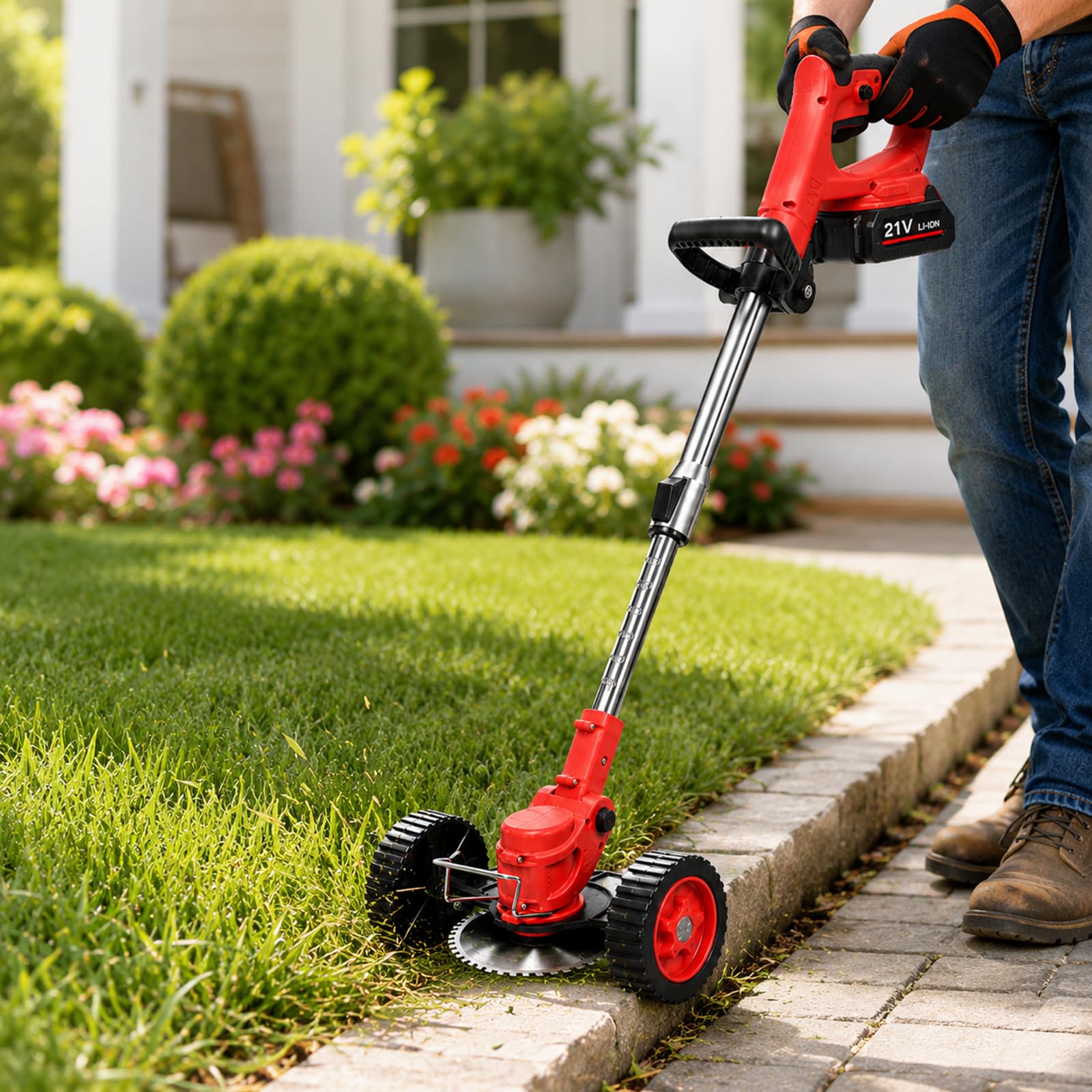 Wianqian Red Cordless Grass Trimmer 21V, 180W Brush Motor, 8000Rpm Lawn Edger With 3 Blades -15-Cellbattery