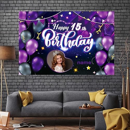 Miniatura 7 de Cartel decorativo personalizado de feliz cumpleaños número 15, personalización, morado, tamaños grandes, soporta fotos y nombres personalizados