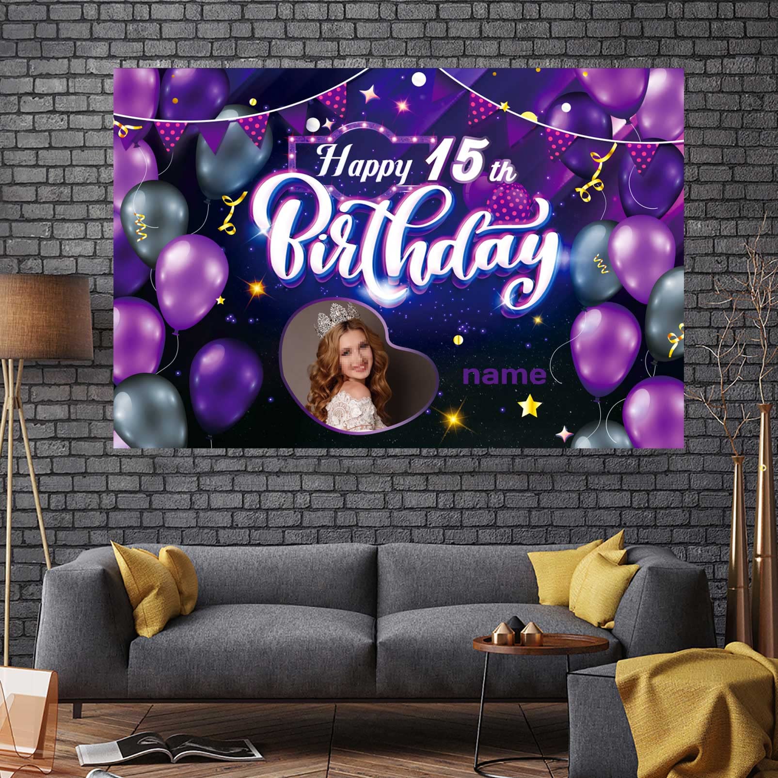 LASKYER Happy 15th Birthday Decorations - Large Purple Backdrop Banner (78”x47”), Cheers To Fifteen Years Party Supplies - View #6