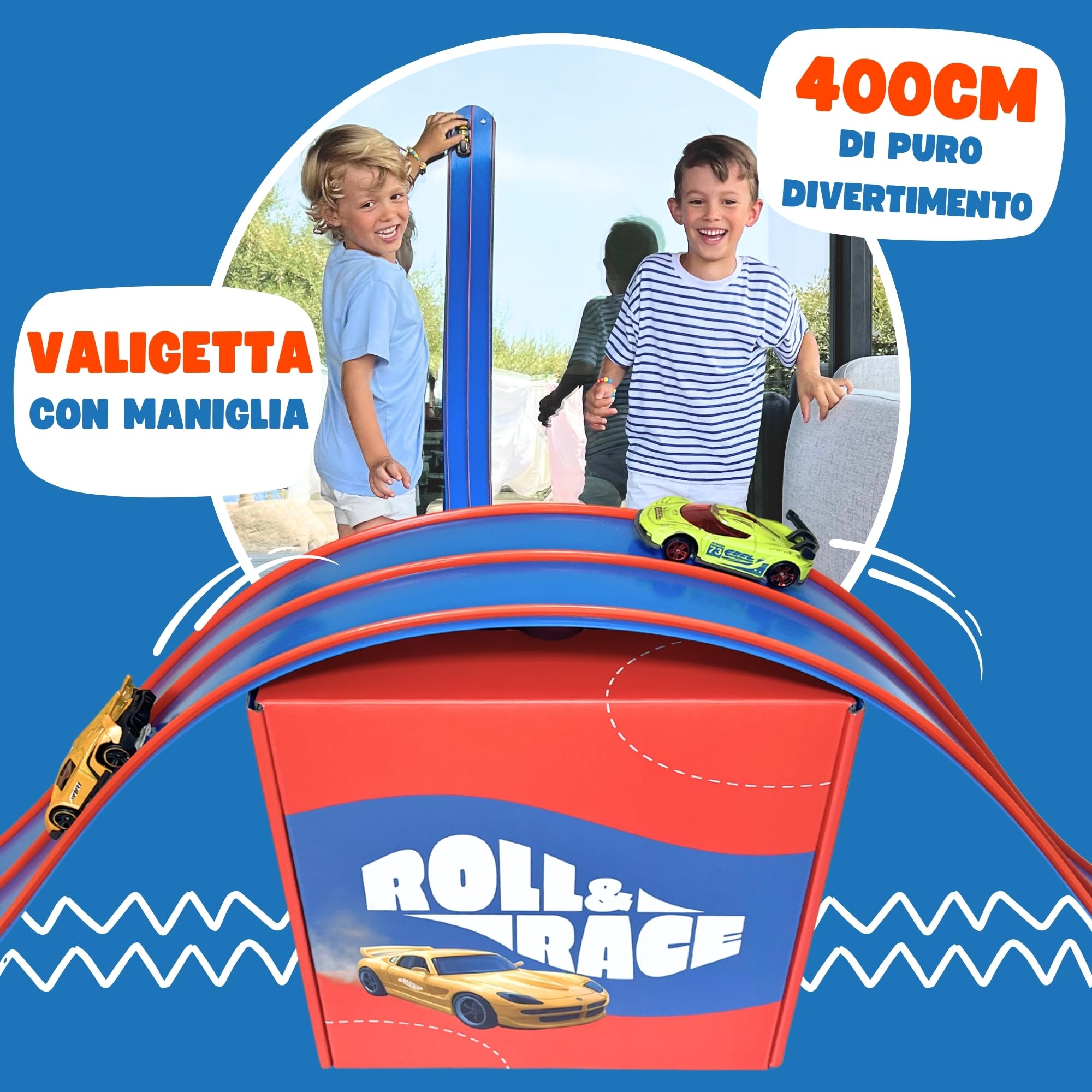 RollAndRace Pista Macchine Flessibile 400cm - Made in EU - Flexible Car Track - Gioco Bambino - Piste Car Wheels - Circuito di Corse per Bambini - Astuccio per il trasporto incluso