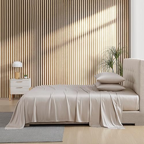 Miniatura 4 de Brielle Home Juego de sábanas de satén de viscosa de bambú, King, color plateado