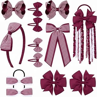 DEEKA Burgundy Gingham School Hair Accessories Set Multi Styles Uniform Hair Bow 13 Pcs Clips Headband Curly Korker Back to School Bows for Little Toddler Girls (Burgundy)
