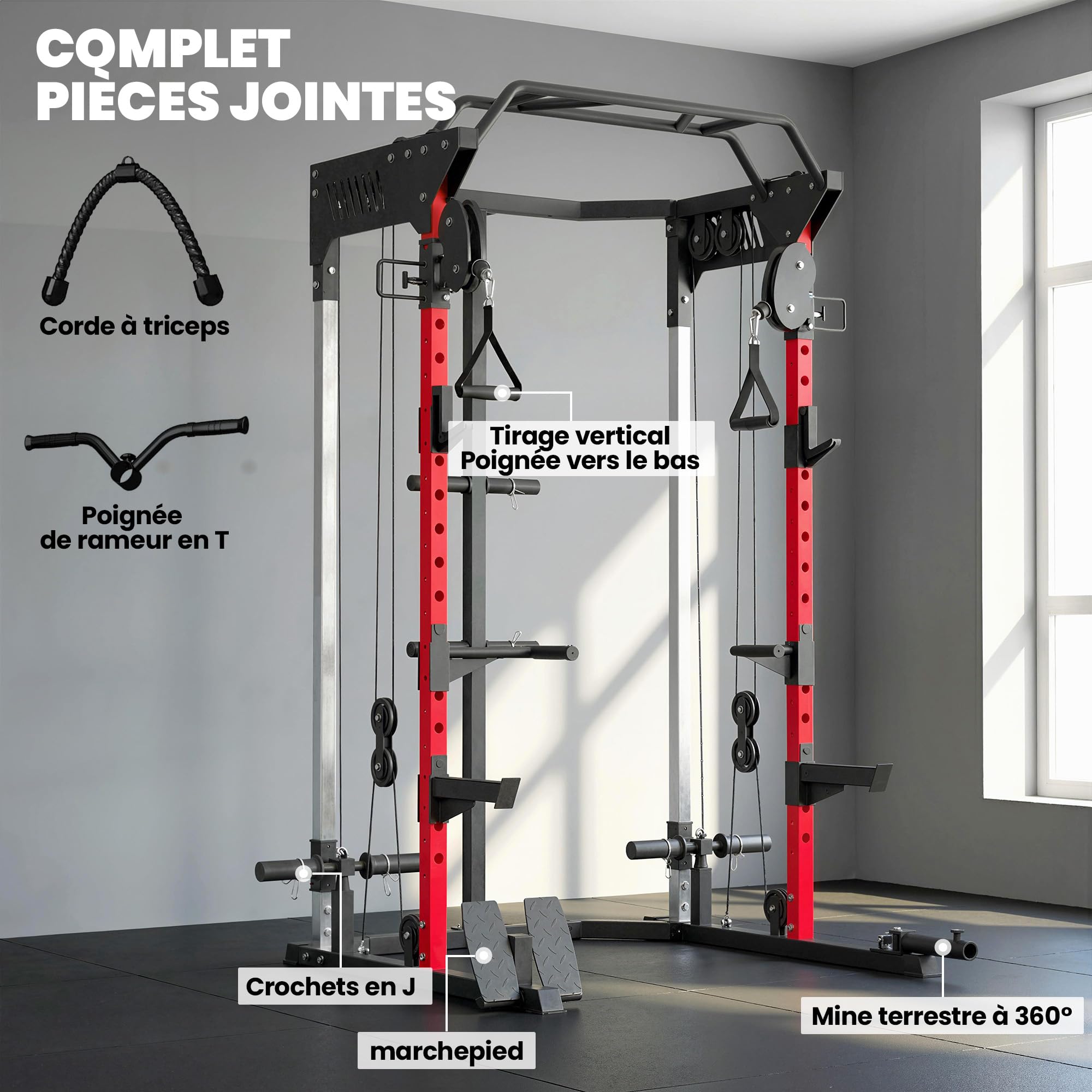 SPORTNOW Stazione di sollevamento Power Rack 900 kg - Gabbia per squat con doppia puleggia regolabile a 19 livelli - Home Gym Completo per allenamento di forza, con tiraggio Lat e accessori, nero
