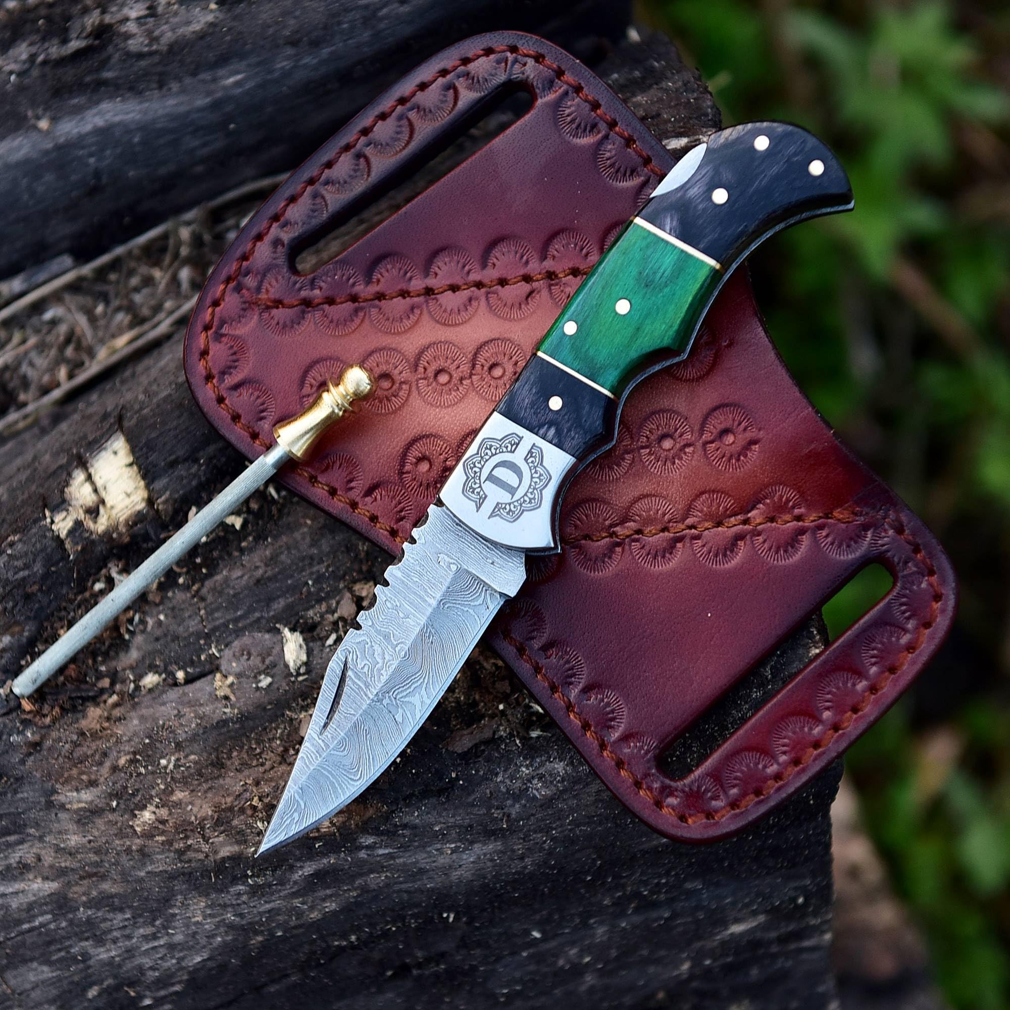 Customized Damascus Steel Pocket Knife Handmade Folding Knives Small Pocket Knife for Outdoor, Camping, Hiking Back Lock Blade Made of Authentic Damascus Steel, Praxis Flipper Pocket Knife (D GREEN & BLACK)