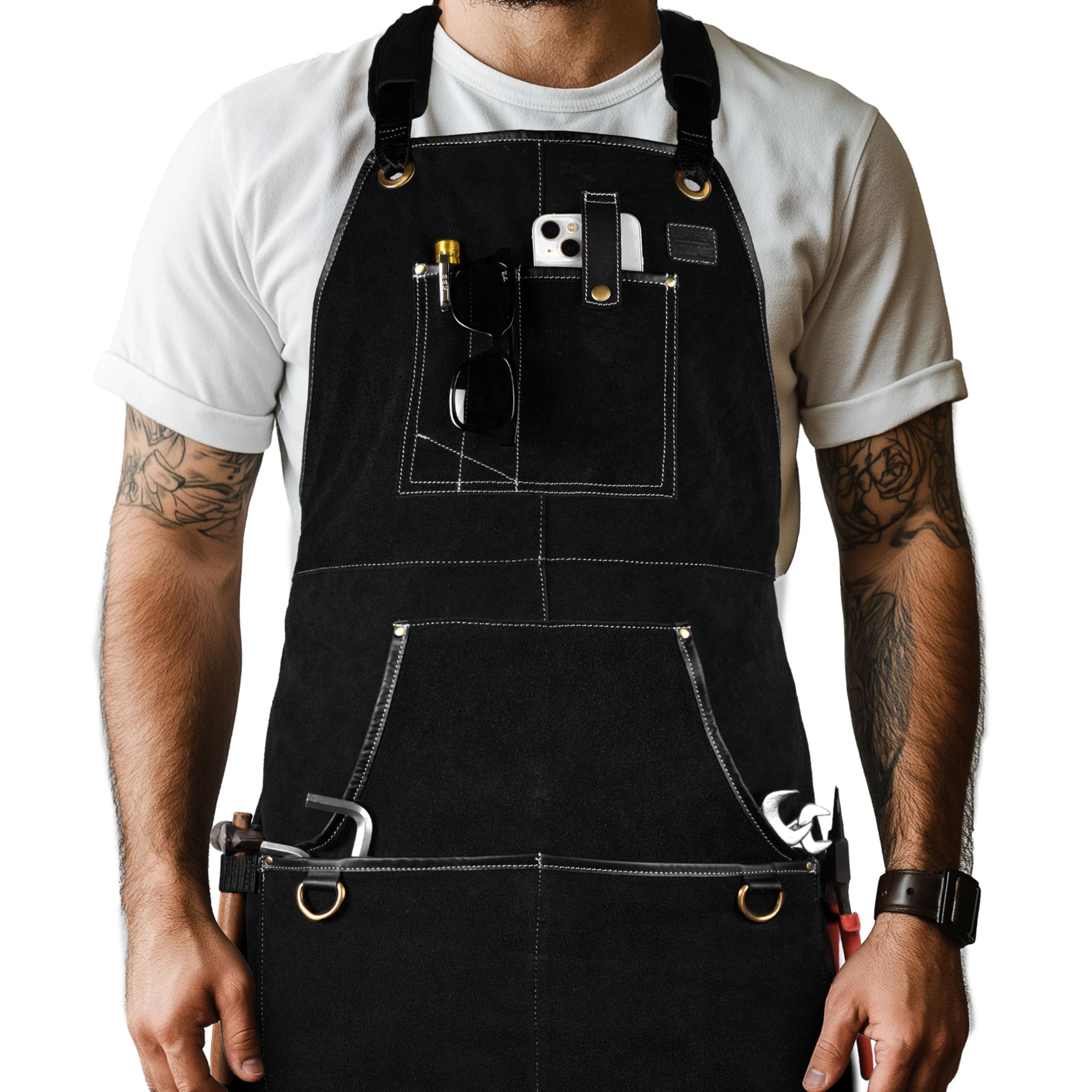 LEATHER VILLAGE Work Apron - Heavy Duty Woodworking Apron for Men with Tool Pockets for Woodworkers, Blacksmiths, Carpenters – Black Color (Size M to XXL)