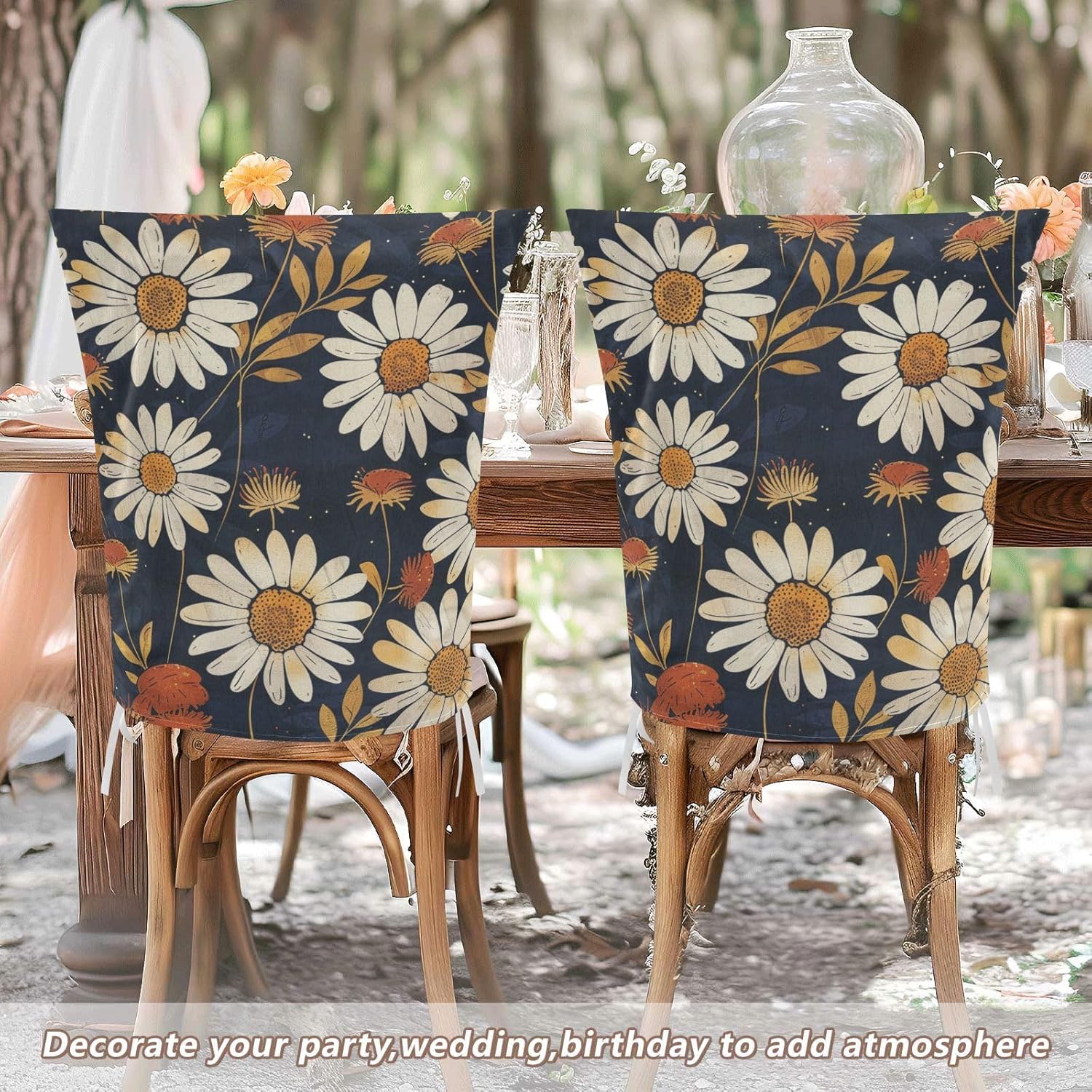 ALAZA Retro White Daisy Flowers Chair Back Cover Set of 6, Washable Reusable Removable Chair Slipcovers Decorative Chair Cover for Home Kitchen Wedding Party