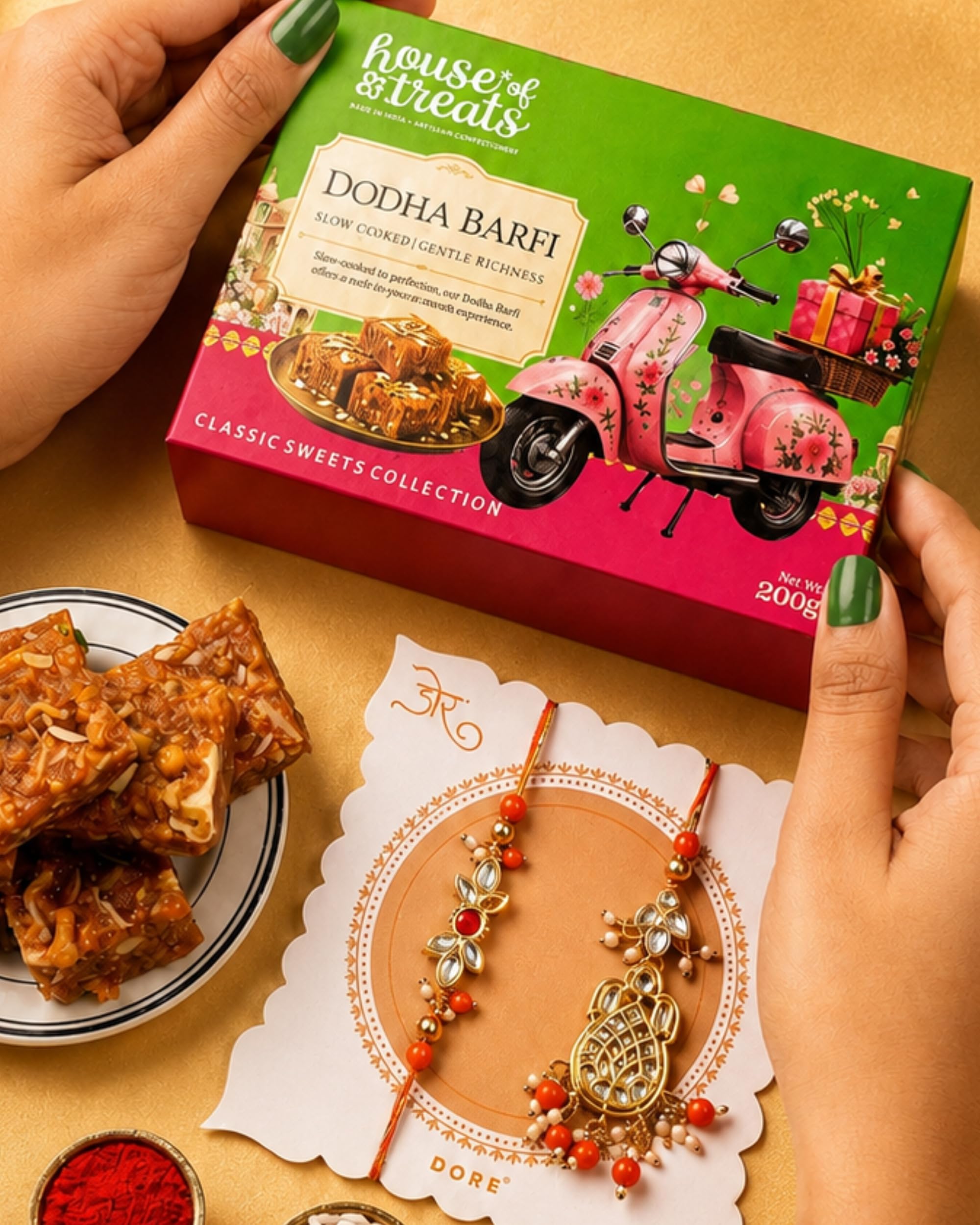 House of Treats® Bhaiya Bhabhi Rakhi Set With Dodha Barfi 200g Sweets Gift pack Bhaiya Bhabhi Rakhi With Sweets Raksha Bandhan Gift Sweet Box-image-39